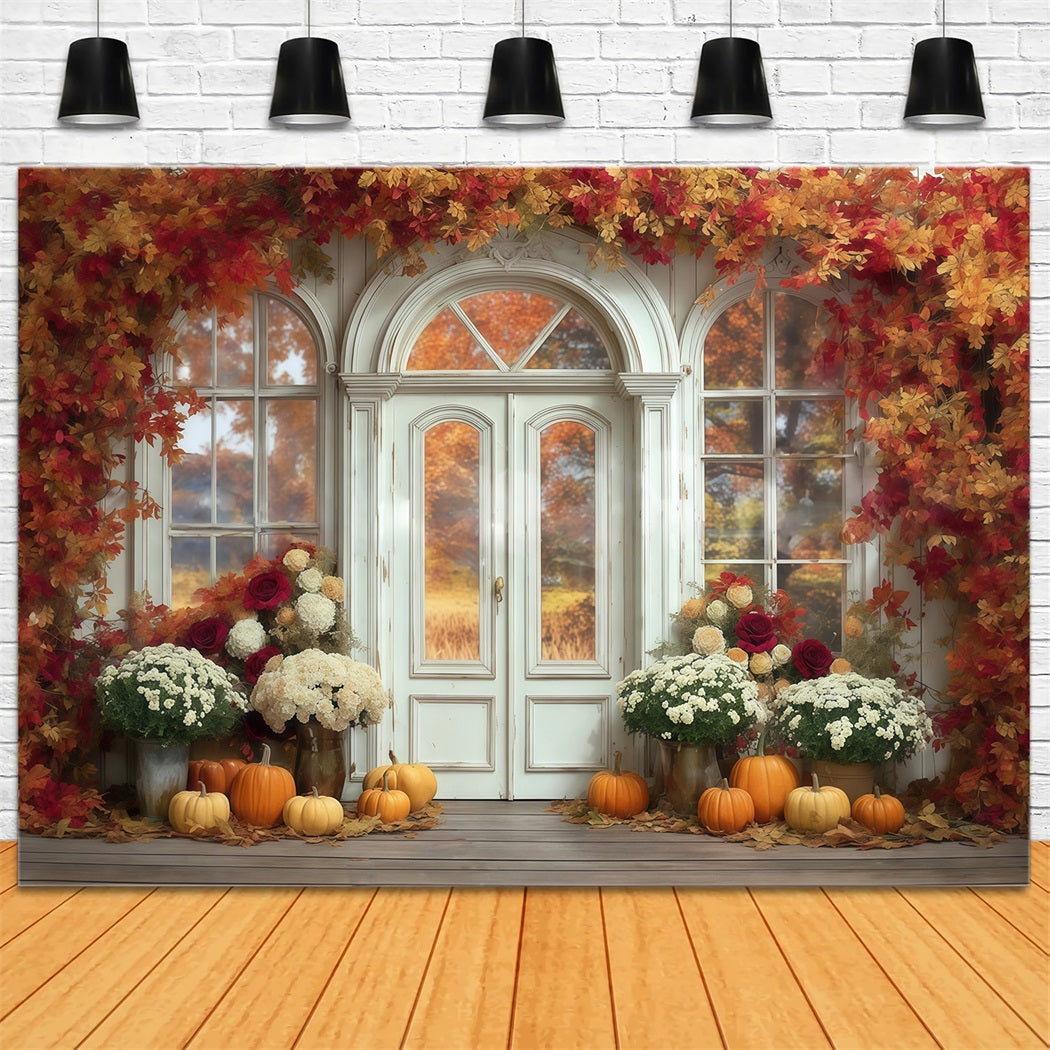 Fall Leaves Backdrop Maple Arch Door Pumpkin Autumn Photo Backdrop MRR8-184