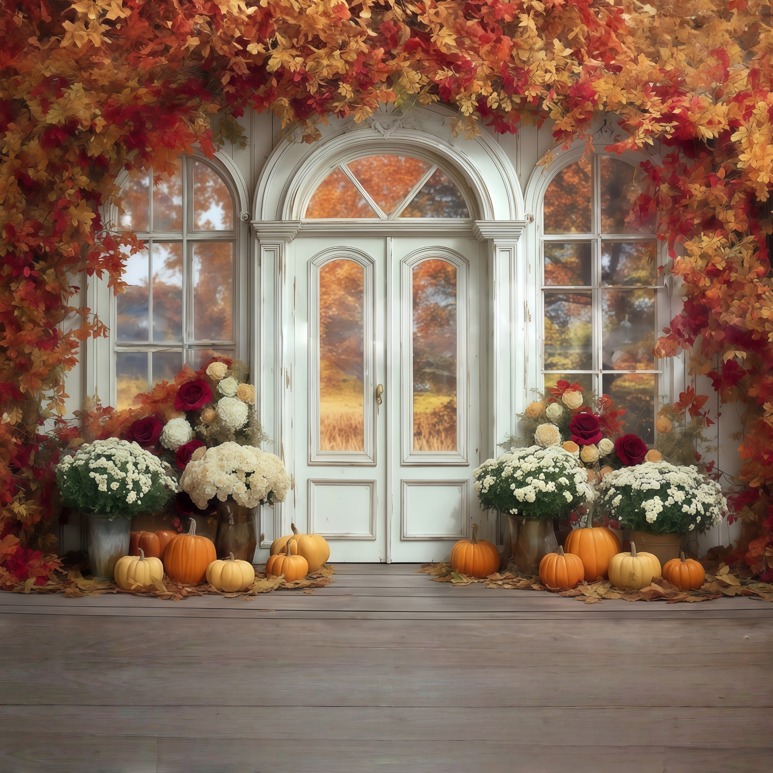Fall Leaves Backdrop Maple Arch Door Pumpkin Autumn Photo Backdrop MRR8-184