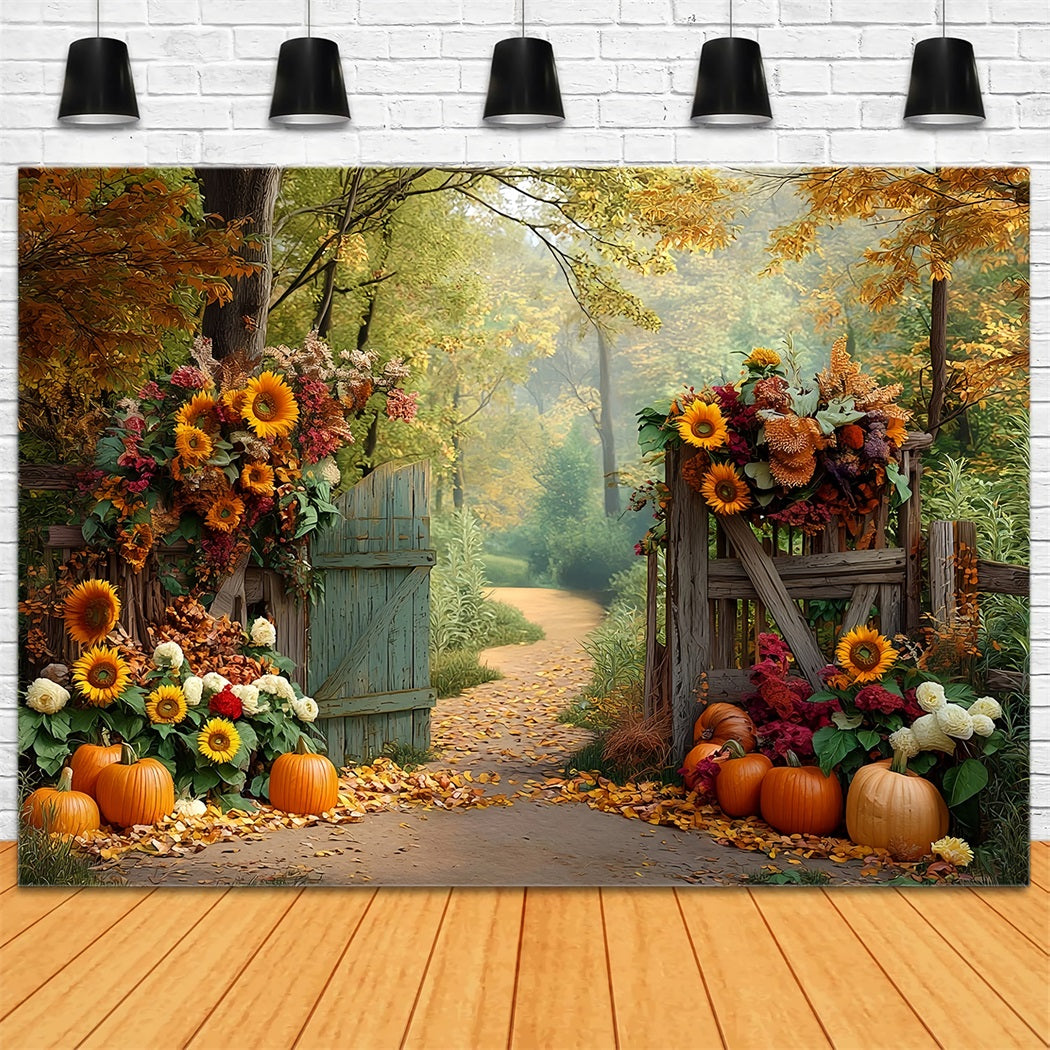 Fall Forest Backdrop Sunflower Pumpkin Path Autumn Photography Backdrops MRR8-185