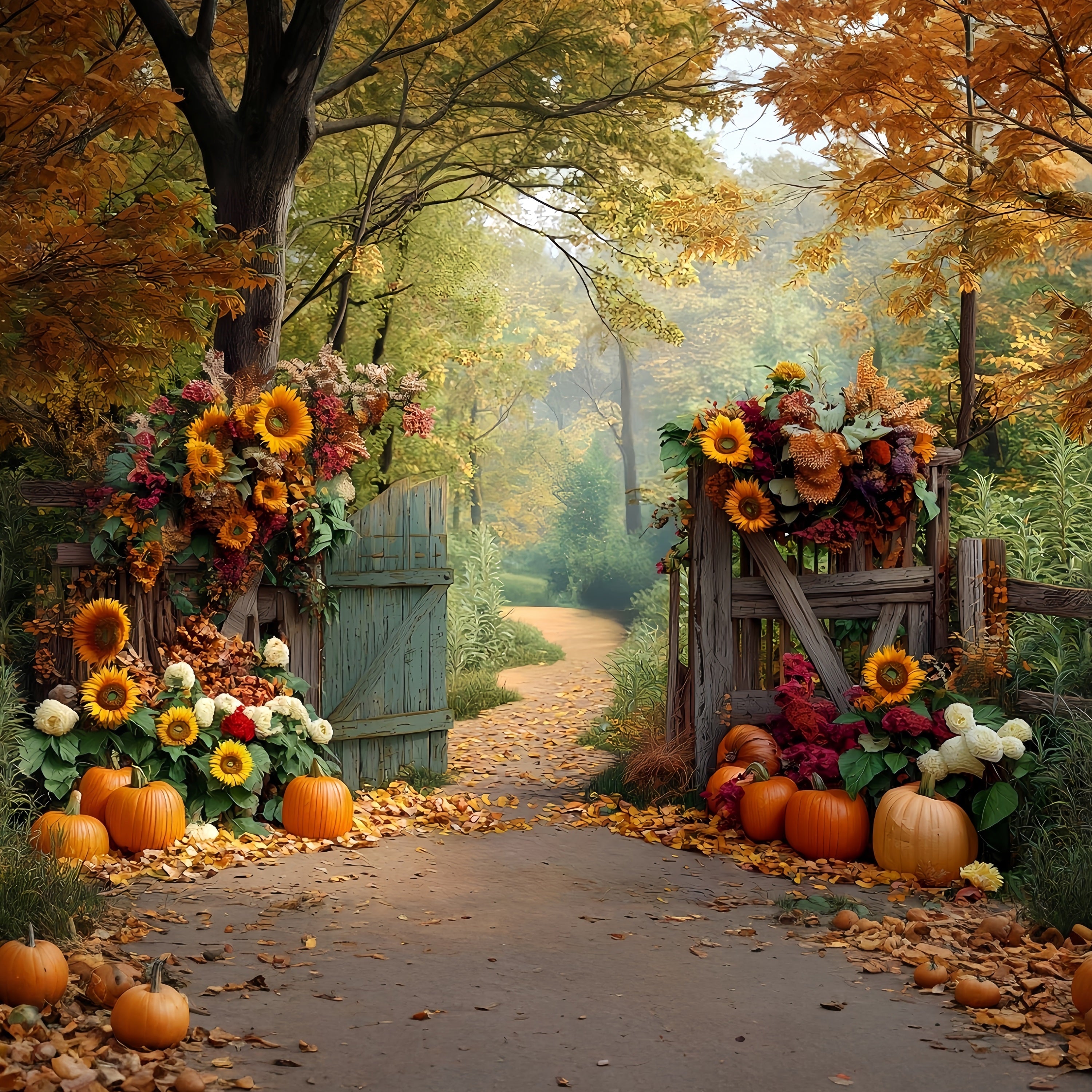 Fall Forest Backdrop Sunflower Pumpkin Path Autumn Photography Backdrops MRR8-185
