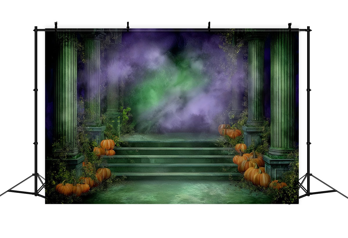 Gruselige Halloweenkulissen Uralter Efeu-Kürbis-Tempel Foto Hintergrund MRR8-22