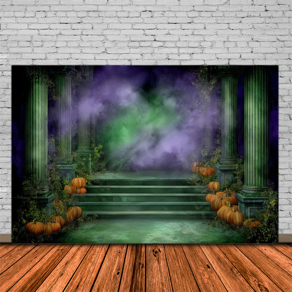 Gruselige Halloweenkulissen Uralter Efeu-Kürbis-Tempel Foto Hintergrund MRR8-22