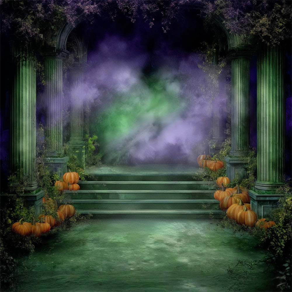 Gruselige Halloweenkulissen Uralter Efeu-Kürbis-Tempel Foto Hintergrund MRR8-22
