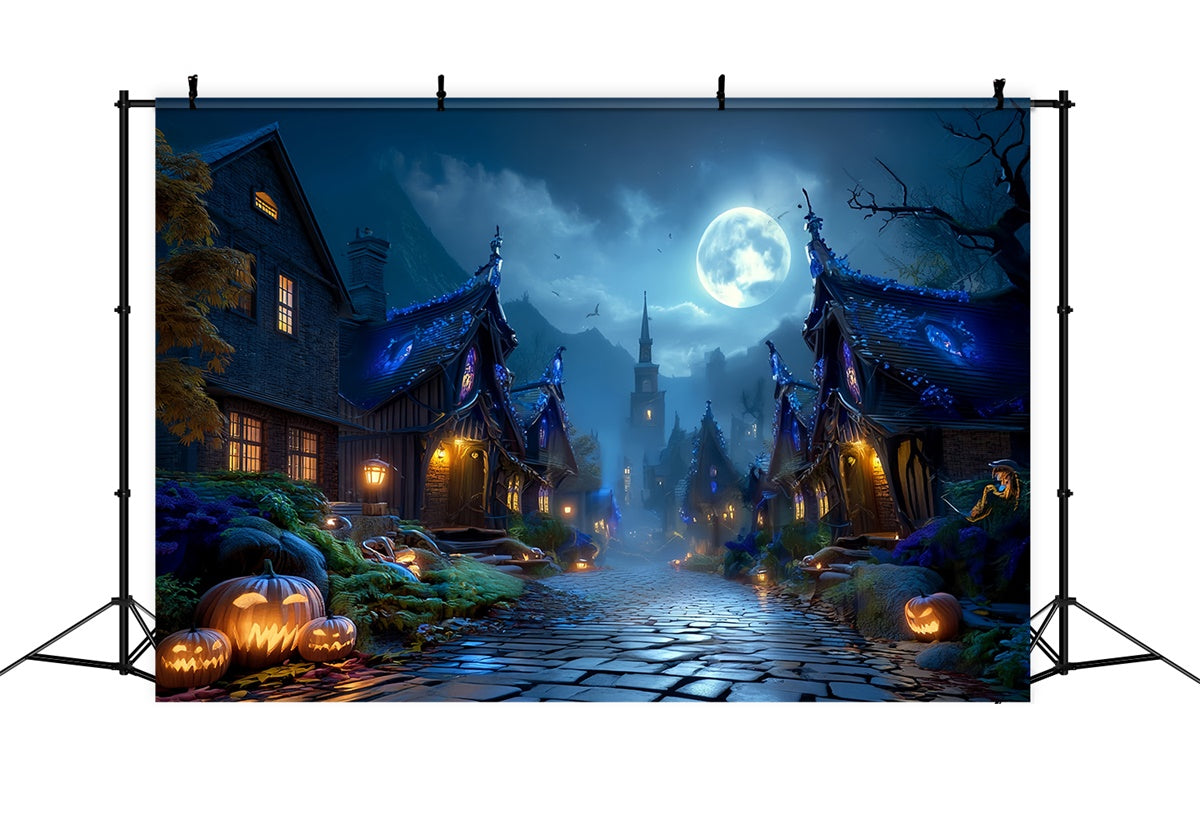 Haunted House Backdrop Vollmond Haunted Village Street Halloween Foto Hintergrund MRR8-23