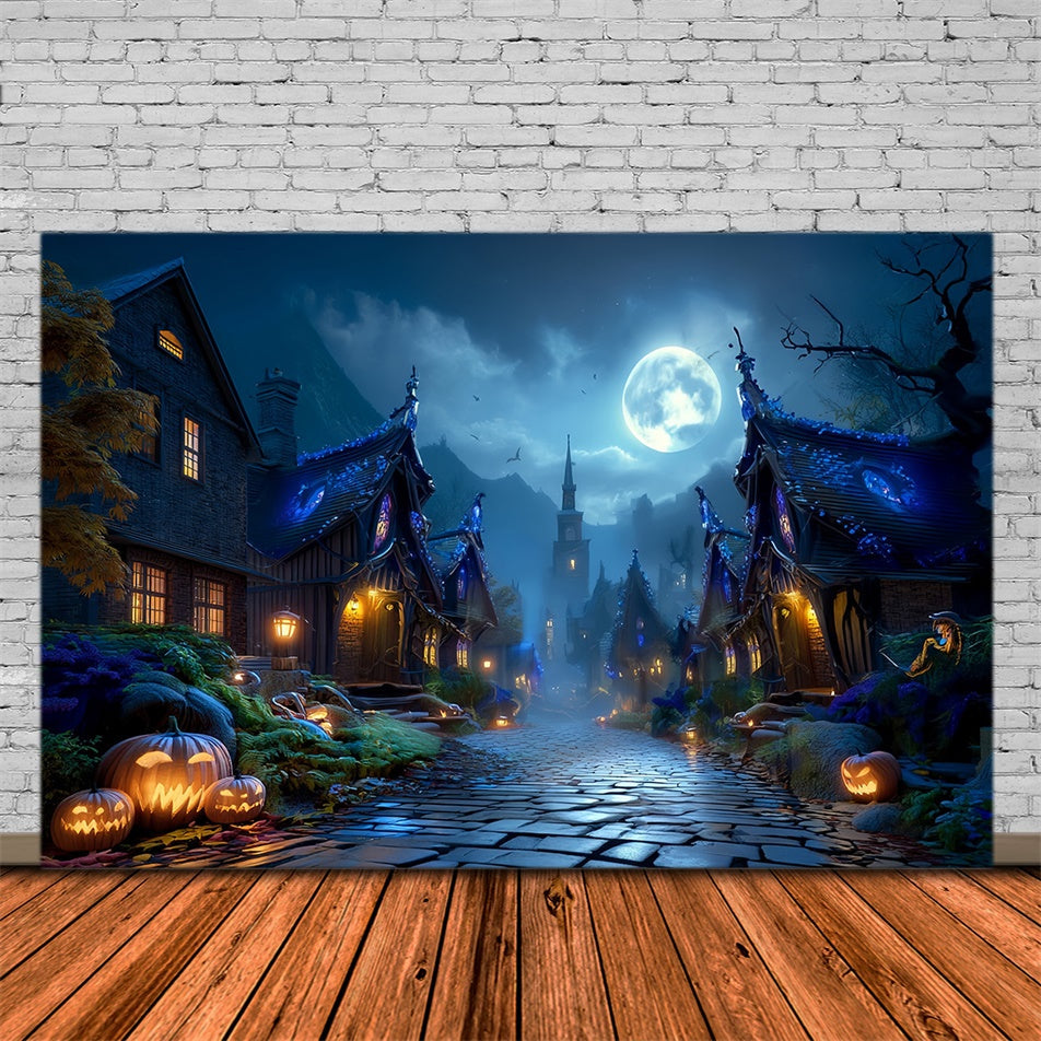 Haunted House Backdrop Vollmond Haunted Village Street Halloween Foto Hintergrund MRR8-23