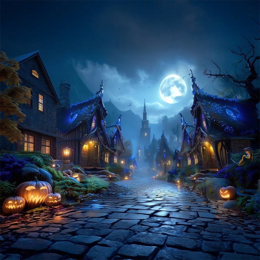 Haunted House Backdrop Vollmond Haunted Village Street Halloween Foto Hintergrund MRR8-23