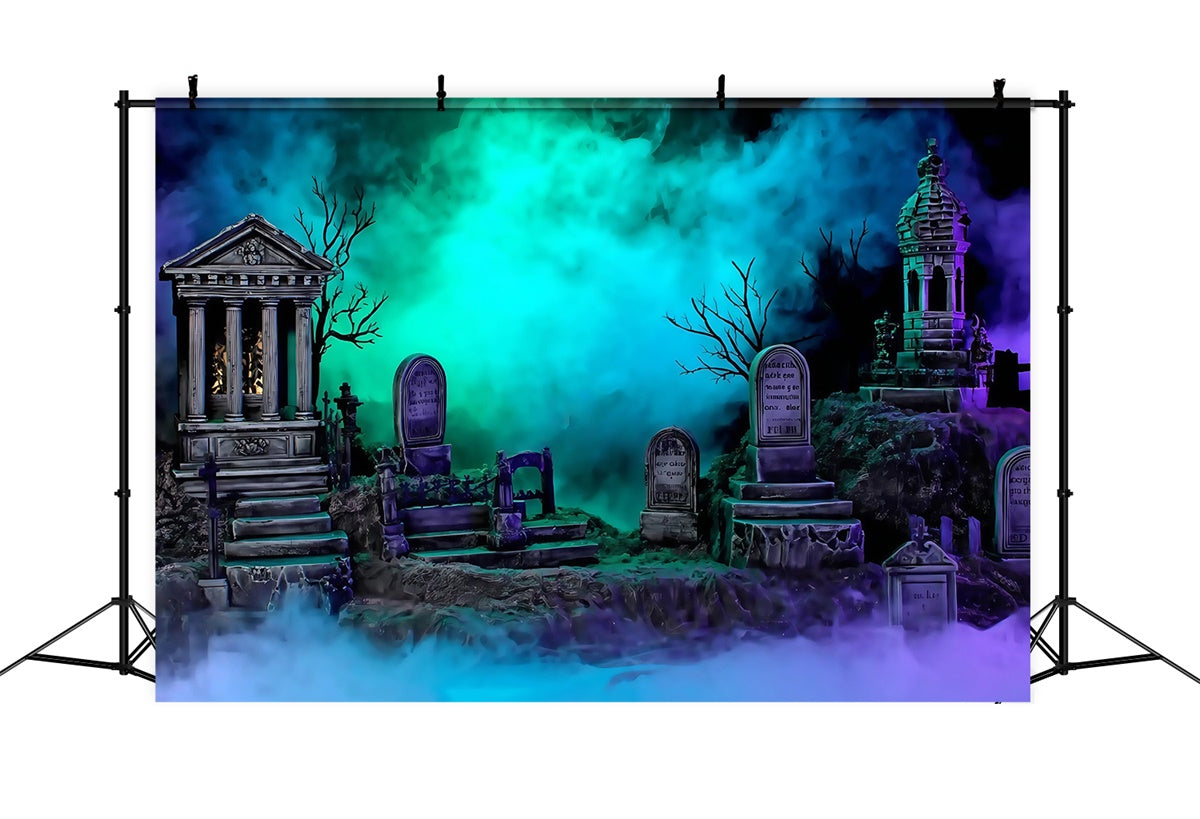Halloweenkulisse Friedhof Glühende, neblige Grabsteine Foto Hintergrund MRR8-24