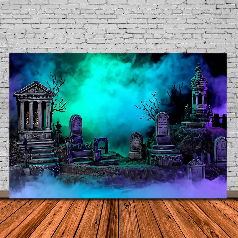 Halloweenkulisse Friedhof Glühende, neblige Grabsteine Foto Hintergrund MRR8-24
