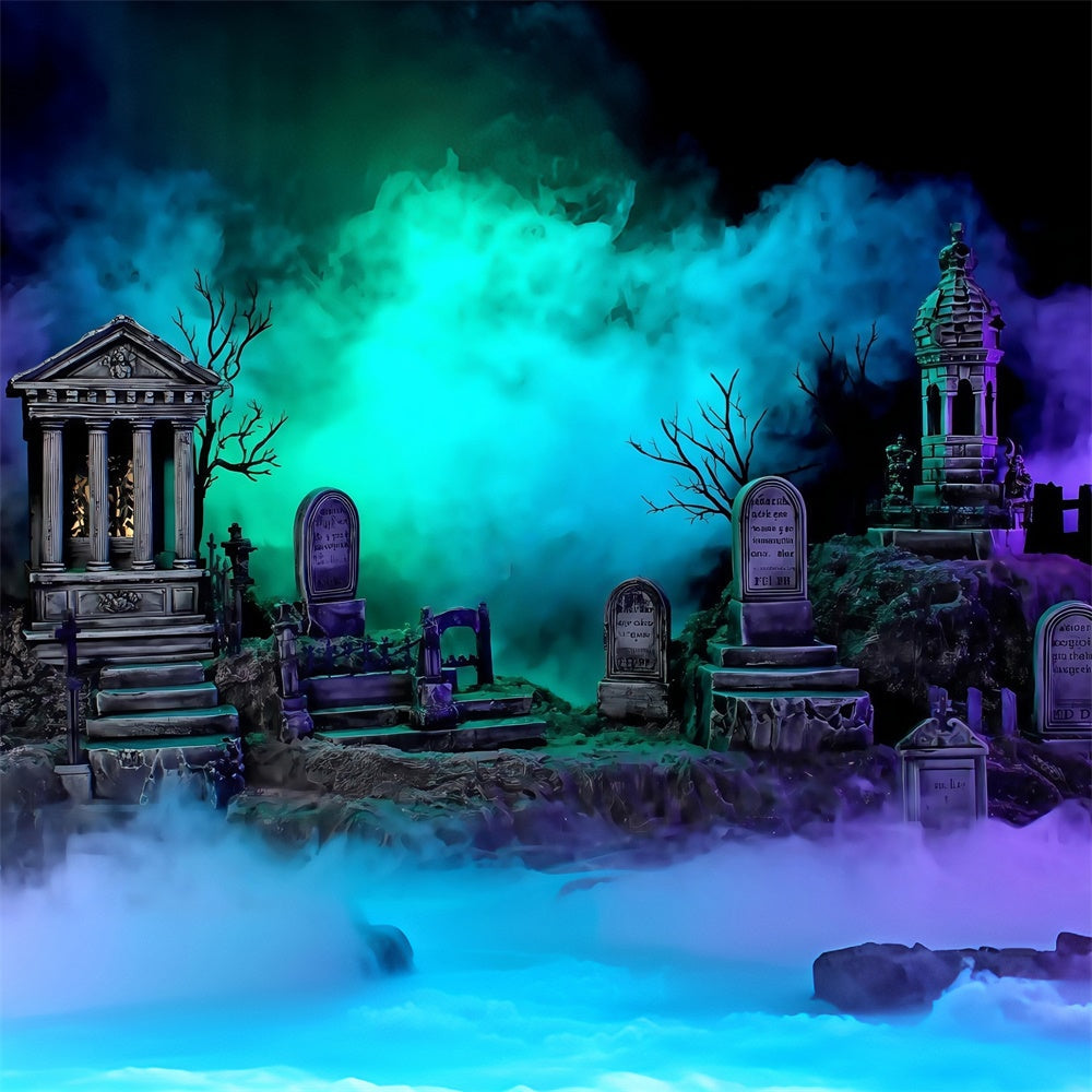 Halloweenkulisse Friedhof Glühende, neblige Grabsteine Foto Hintergrund MRR8-24