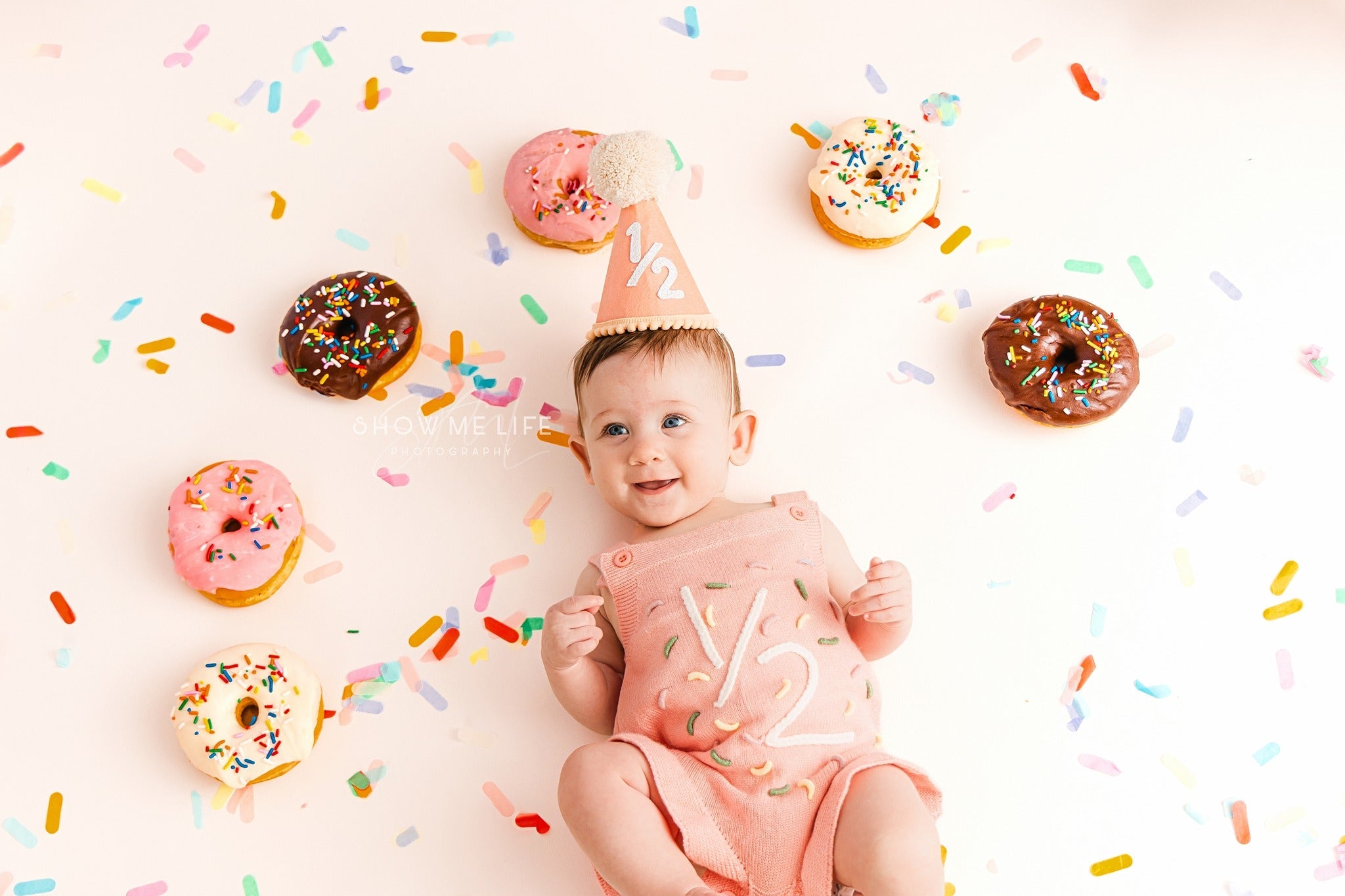 Cake-Smash Fotohintergrund Bunte Donuts Süßes Konfetti Geburtstagshintergrund MRR8-267