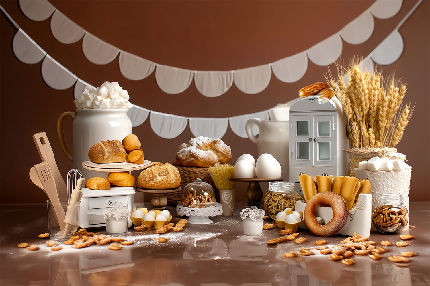 Smash-Cake-Hintergrund Bäckerei Brot Rustikale Auslage Geburtstagsfoto-Hintergrund MRR8-268