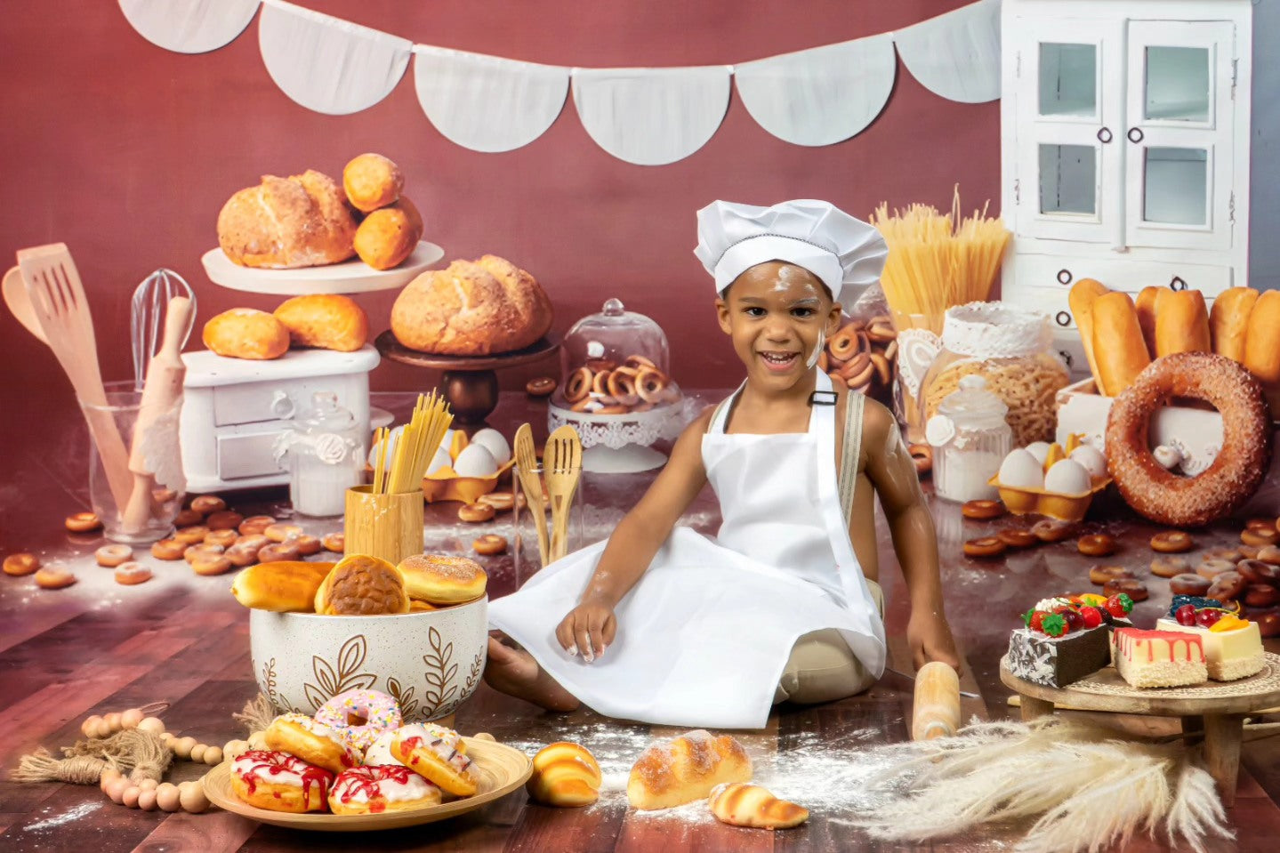 Smash-Cake-Hintergrund Bäckerei Brot Rustikale Auslage Geburtstagsfoto-Hintergrund MRR8-268