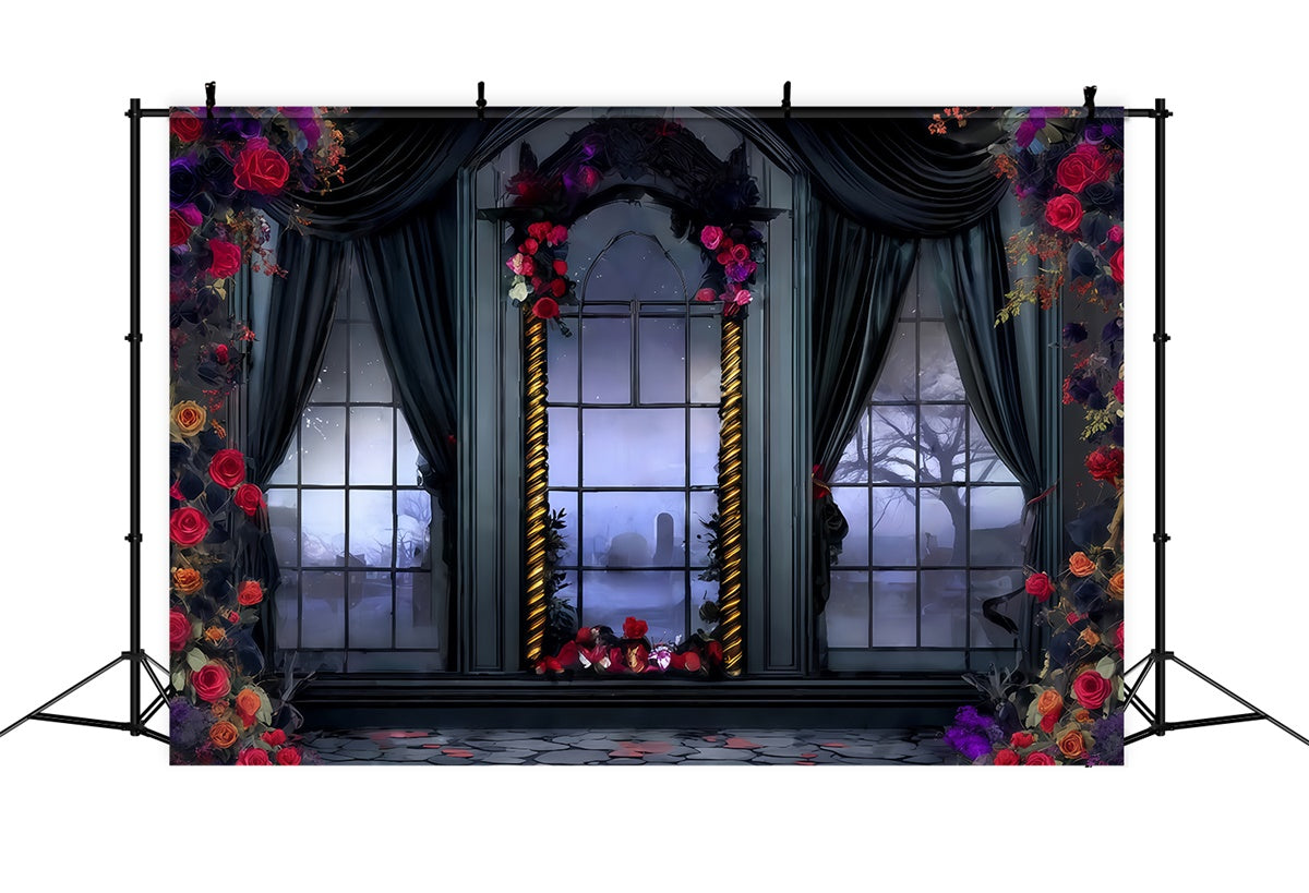 Halloween Fotokulisse Viktorianische Rose Drapiertes Fenster Halloween Foto Hintergrund MRR8-28