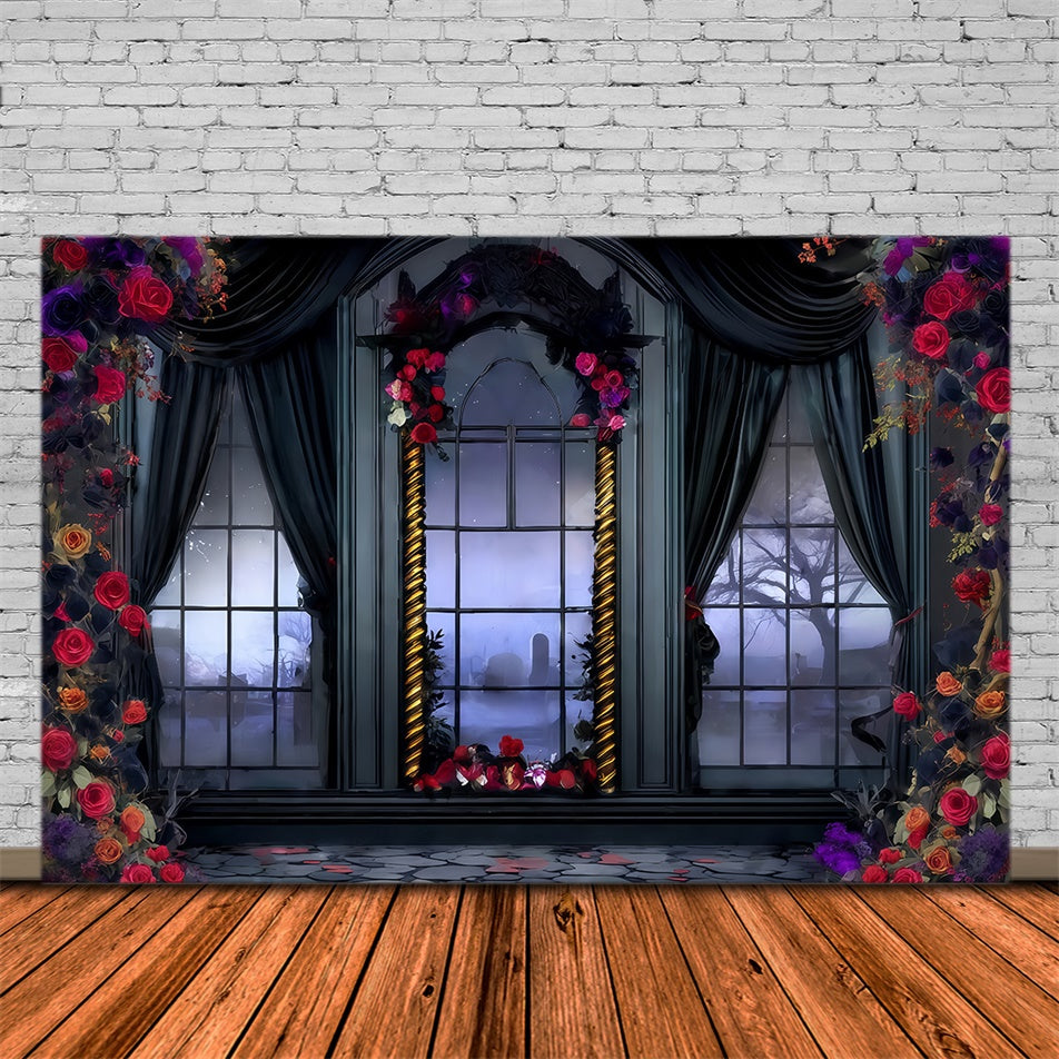 Halloween Fotokulisse Viktorianische Rose Drapiertes Fenster Halloween Foto Hintergrund MRR8-28