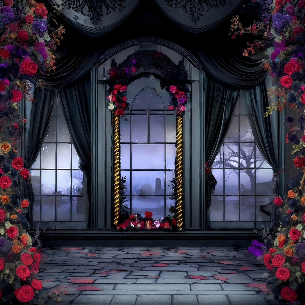 Halloween Fotokulisse Viktorianische Rose Drapiertes Fenster Halloween Foto Hintergrund MRR8-28