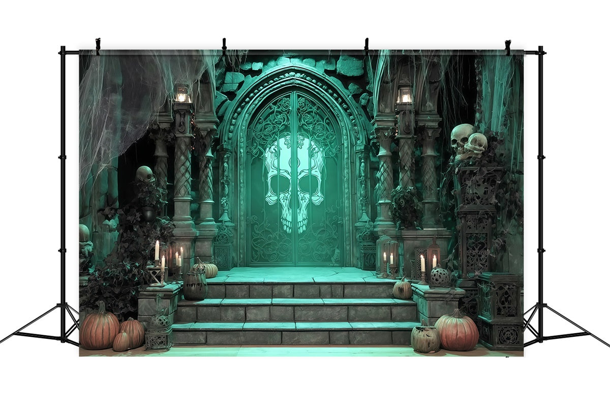 Halloweenkulissen für Fotos Grüner Totenkopf Grufteingang Halloweenkulisse MRR8-30