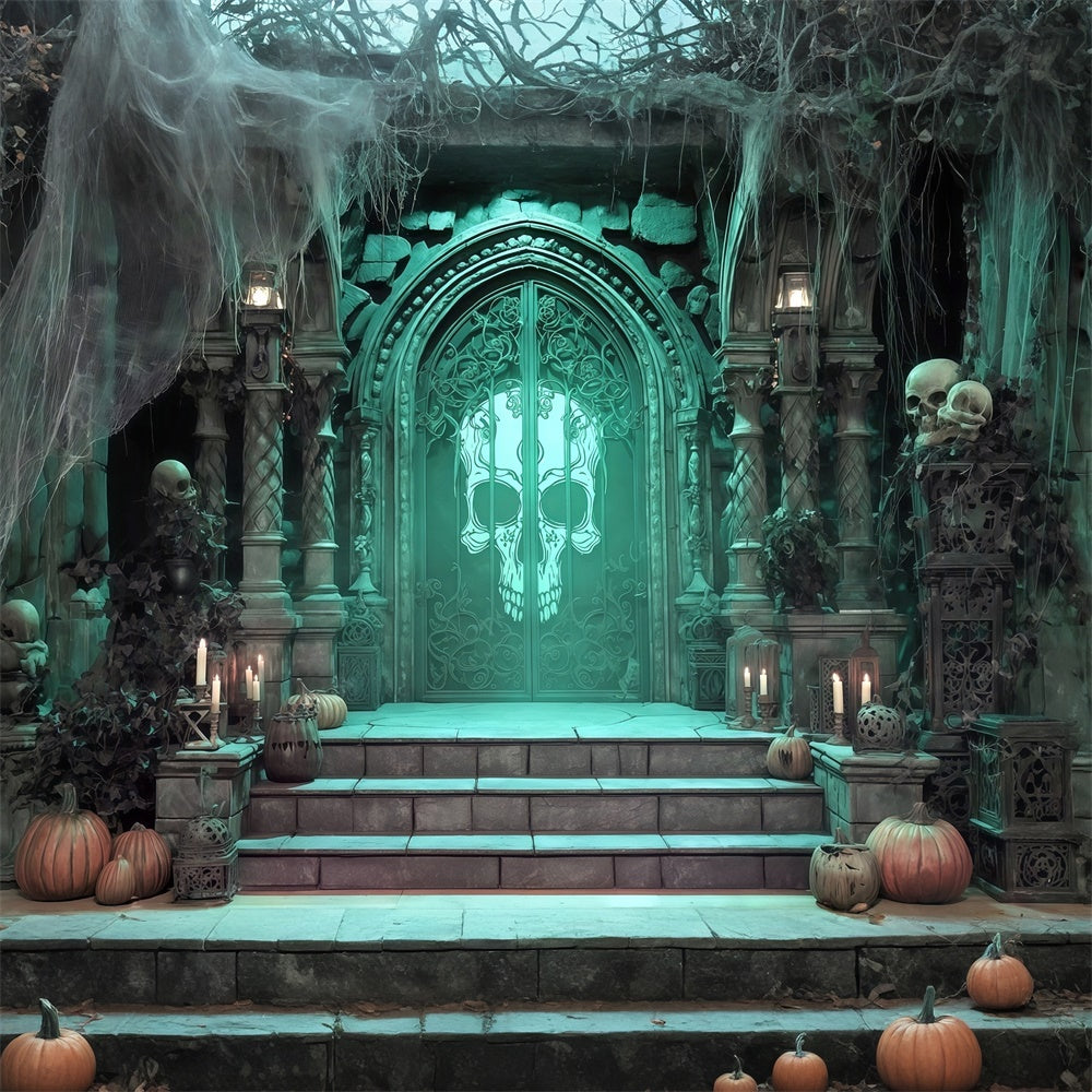 Halloweenkulissen für Fotos Grüner Totenkopf Grufteingang Halloweenkulisse MRR8-30