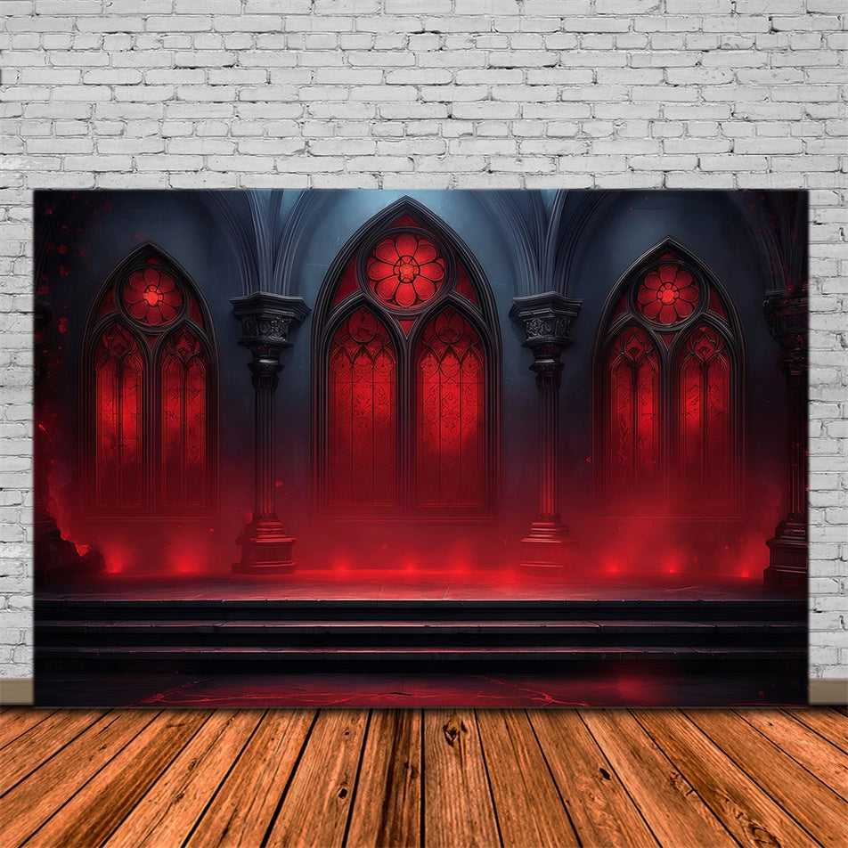 Gruselige Halloween Hintergrundbilder Karmesinrote Kathedrale Fenster leuchten Foto Hintergrund MRR8-31