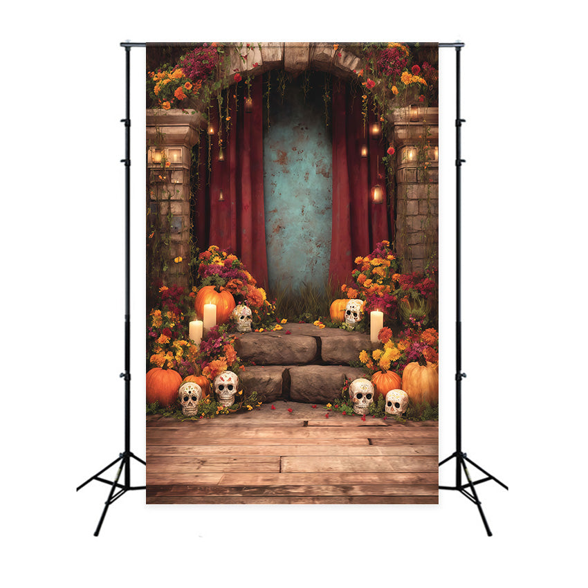 Halloween Fotografie Backdrop Blumenopfer Skelett Kerzenbogen Foto Hintergrund MRR8-36
