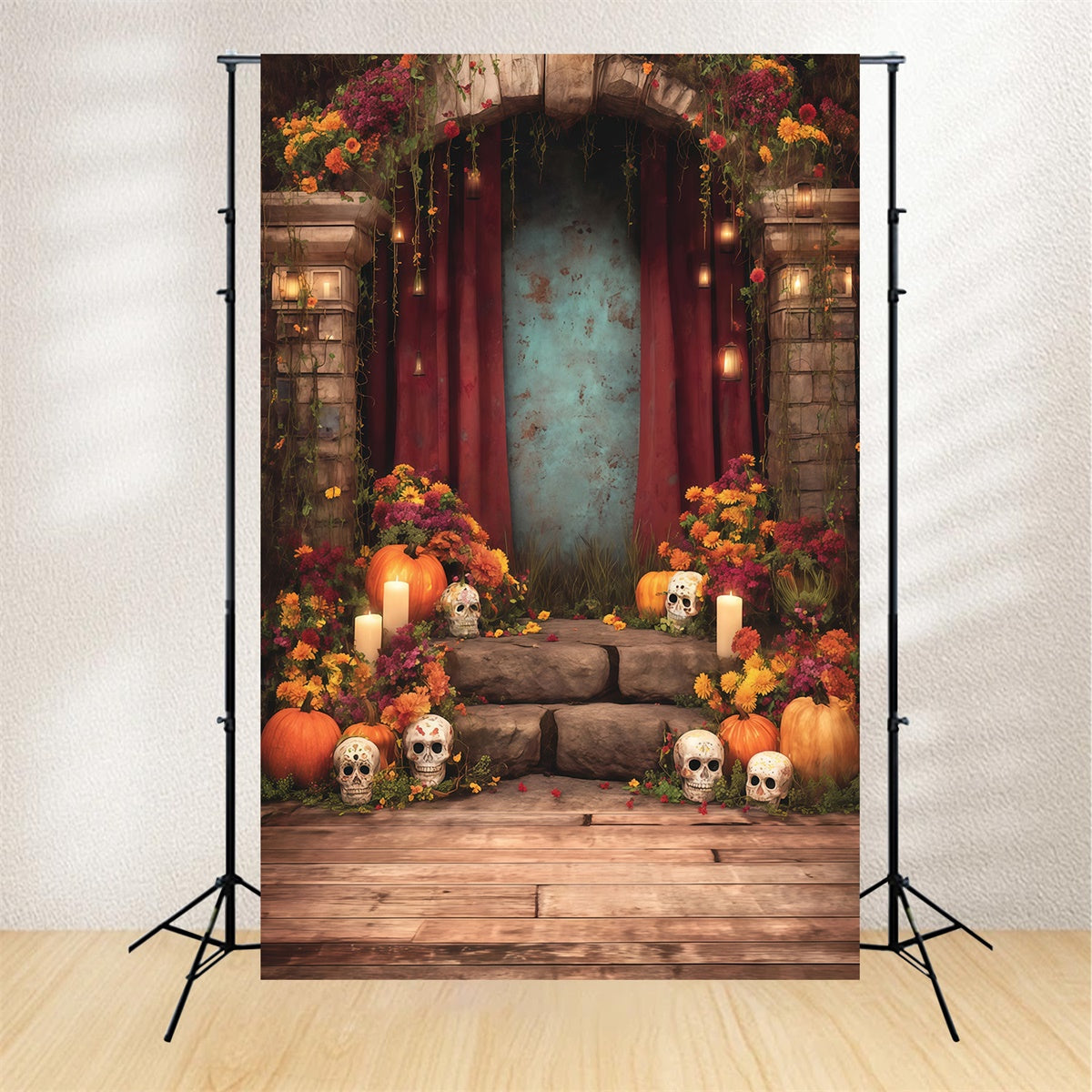 Halloween Fotografie Backdrop Blumenopfer Skelett Kerzenbogen Foto Hintergrund MRR8-36