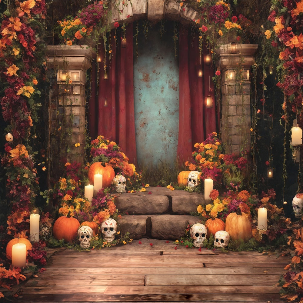 Halloween Fotografie Backdrop Blumenopfer Skelett Kerzenbogen Foto Hintergrund MRR8-36