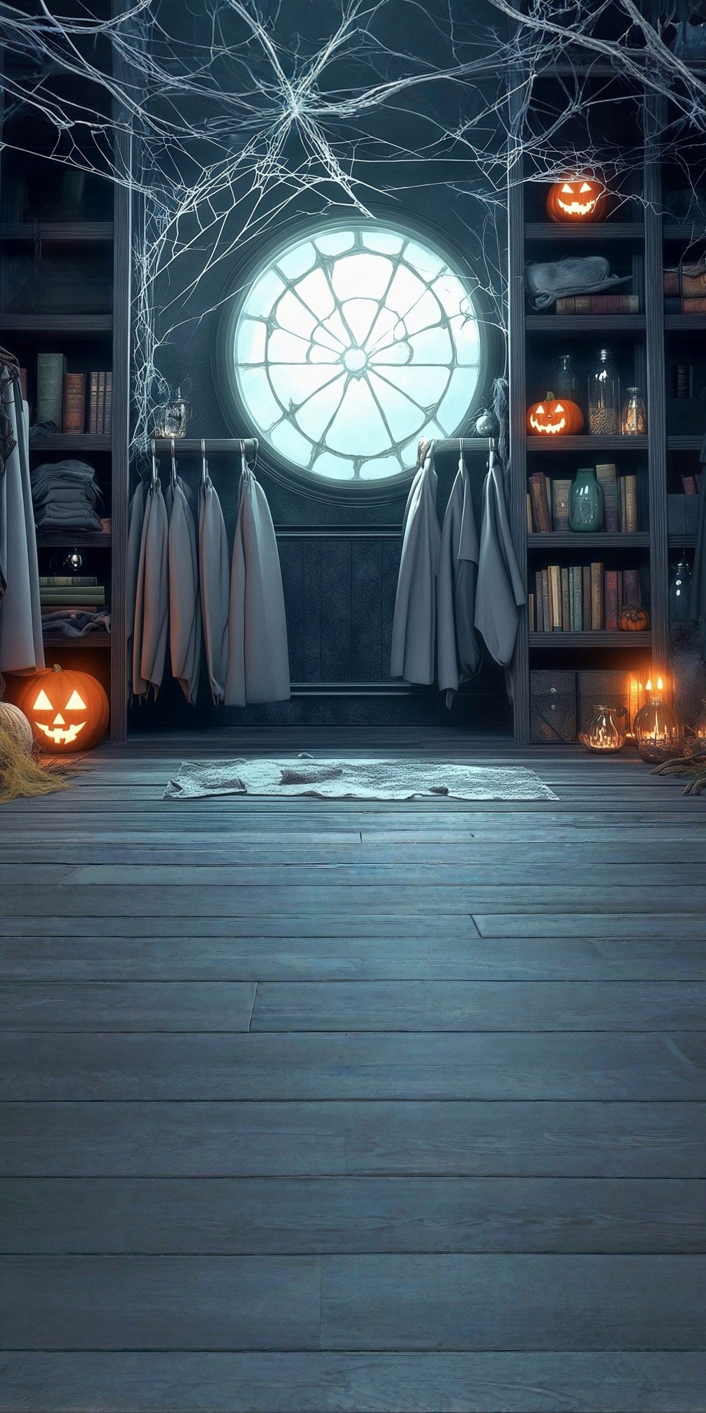 Halloween Foto Hintergrund Spinnennetz Fenster Kürbis Lichter Bücherregal Aufhänger Sweep Backdrop MRR8-42