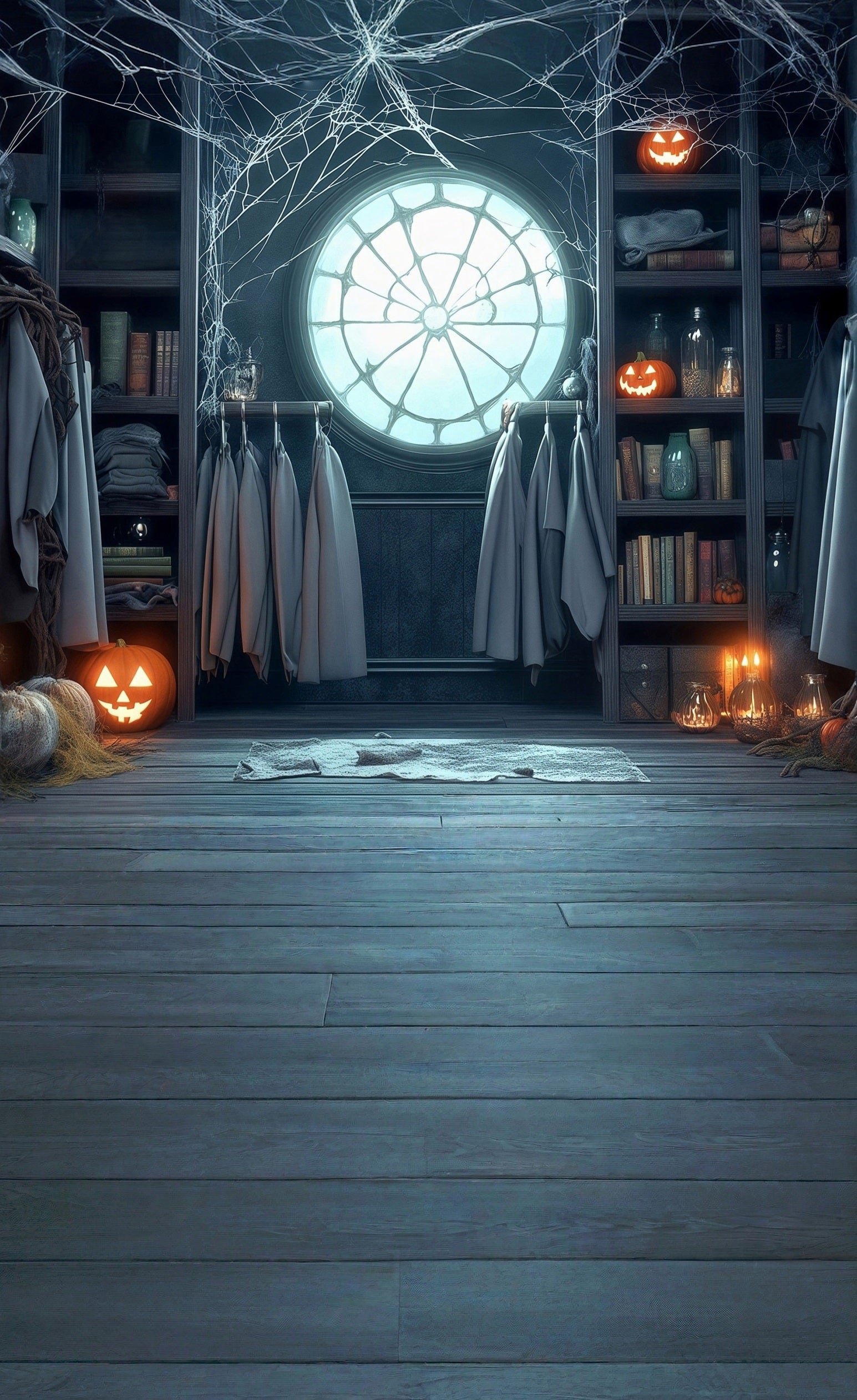 Halloween Foto Hintergrund Spinnennetz Fenster Kürbis Lichter Bücherregal Aufhänger Sweep Backdrop MRR8-42