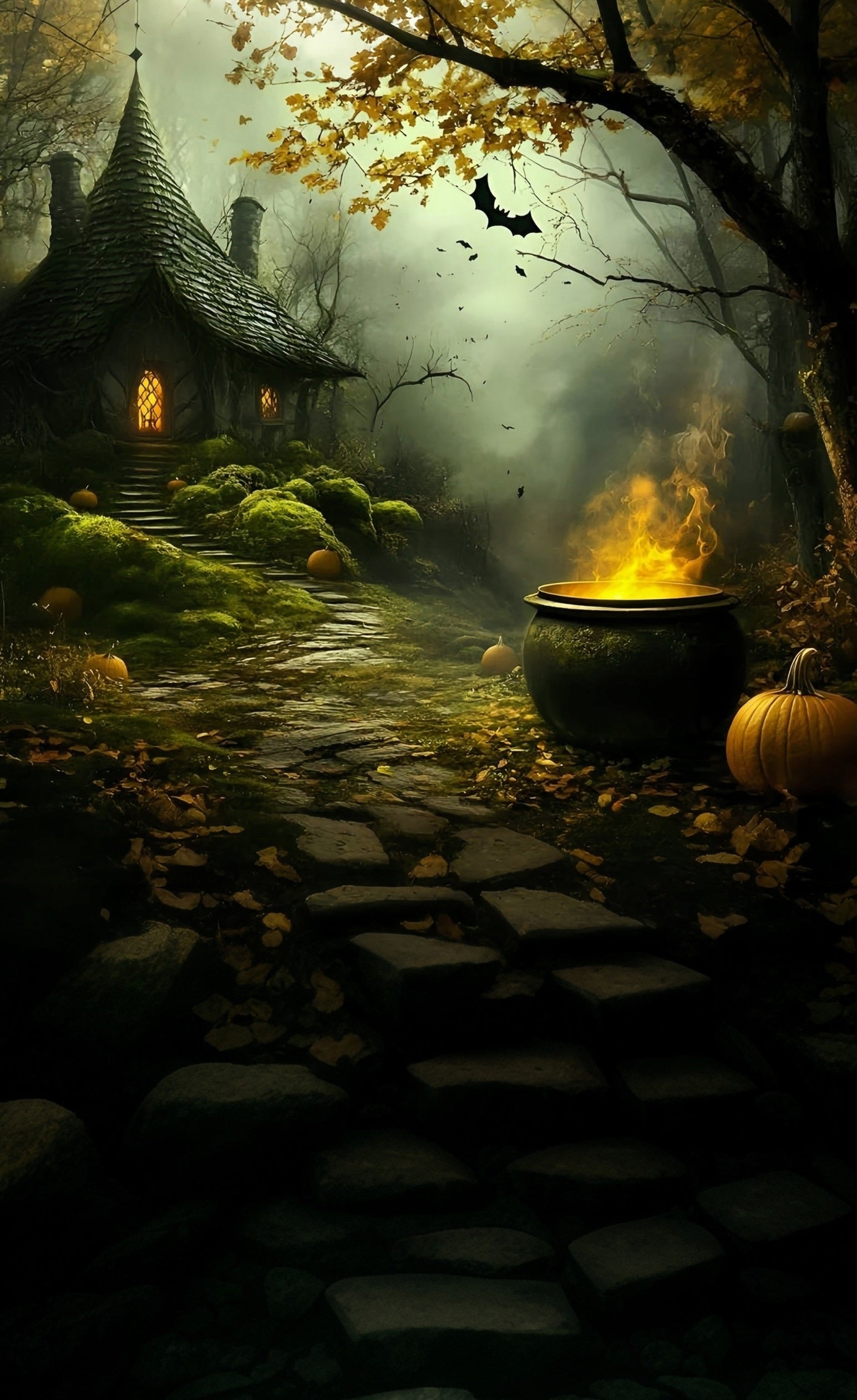 Halloweenfotokulissen Hexenhaus Rauchiger Wald Verwunschener Schmelztiegel Sweep Backdrop MRR8-47