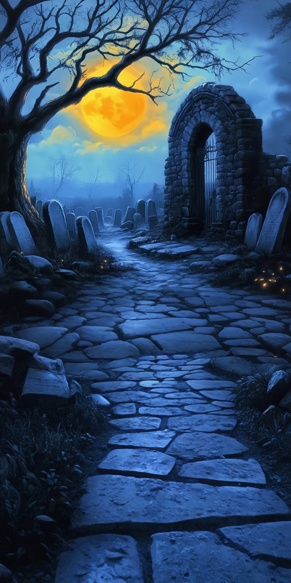 Halloweenfotokulisse Friedhof in mondheller Nacht Sweep Backdrop MRR8-48