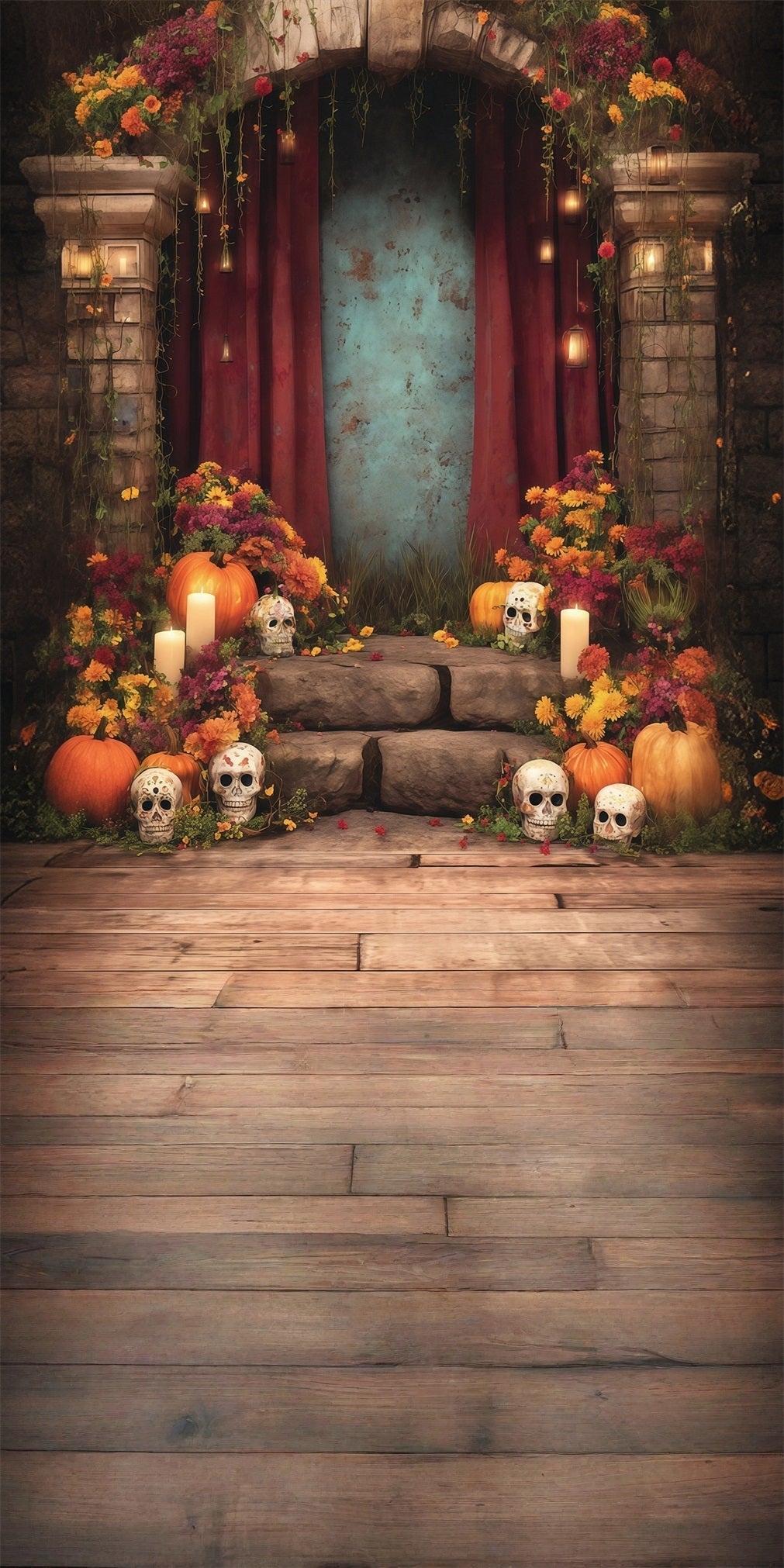 Spooky Halloween Foto Hintergrund Tranquil Flowers Candles Adorned Steps Sweep Backdrop MRR8-52
