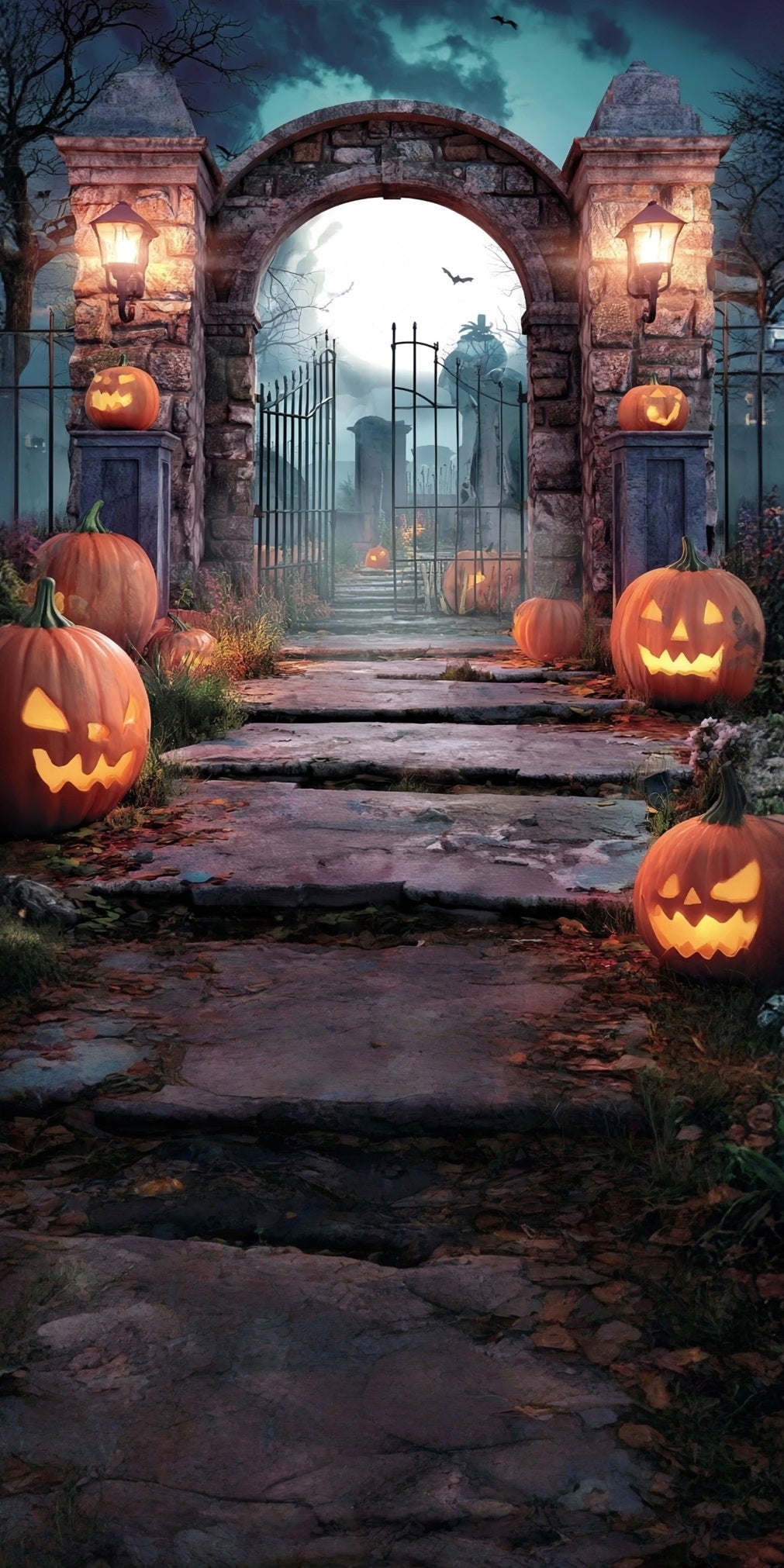 Halloween Friedhof Foto Hintergrund Kürbis Lampen Stein Backstein Friedhofstor Sweep Backdrop MRR8-53