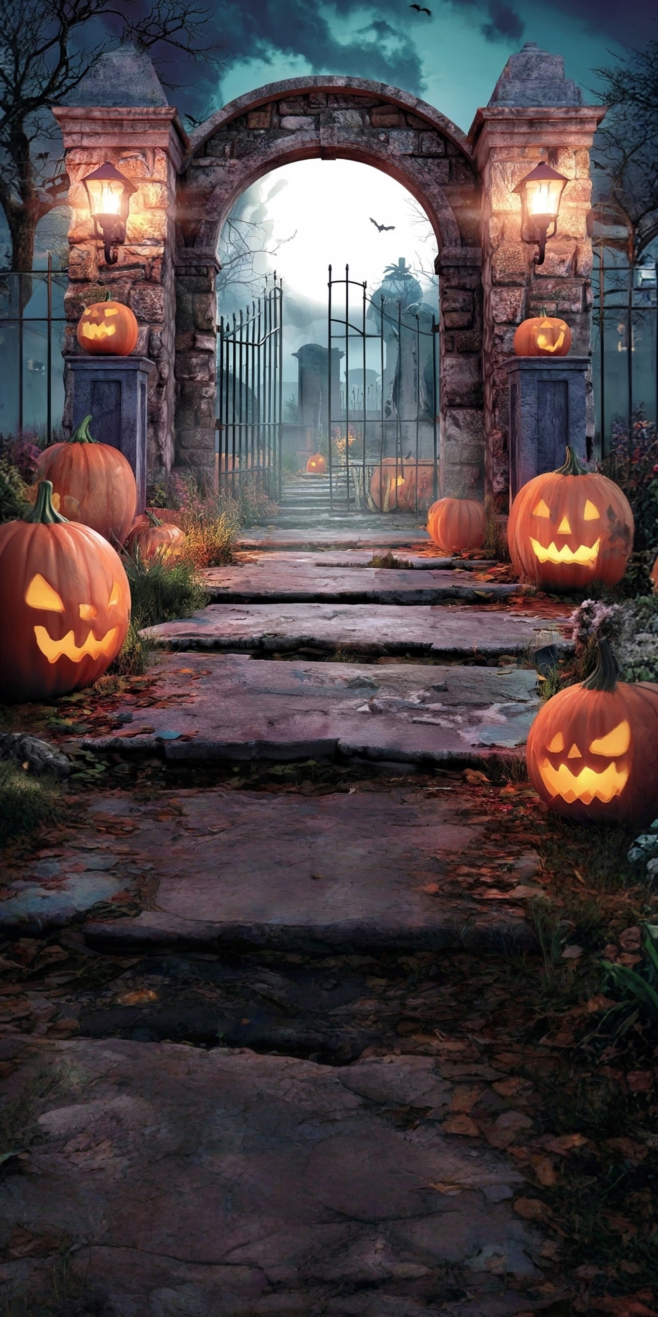 Halloween Friedhof Foto Hintergrund Kürbis Lampen Stein Backstein Friedhofstor Sweep Backdrop MRR8-53