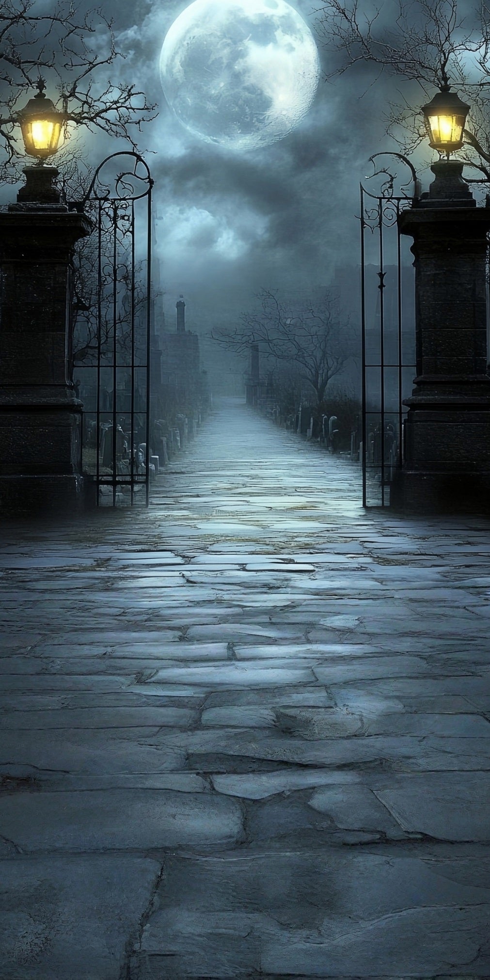 Halloween Foto Hintergrund mondbeschienene Nacht neblige Vintage-Straßenlaterne Friedhofstor Sweep Hintergrund MRR8-67