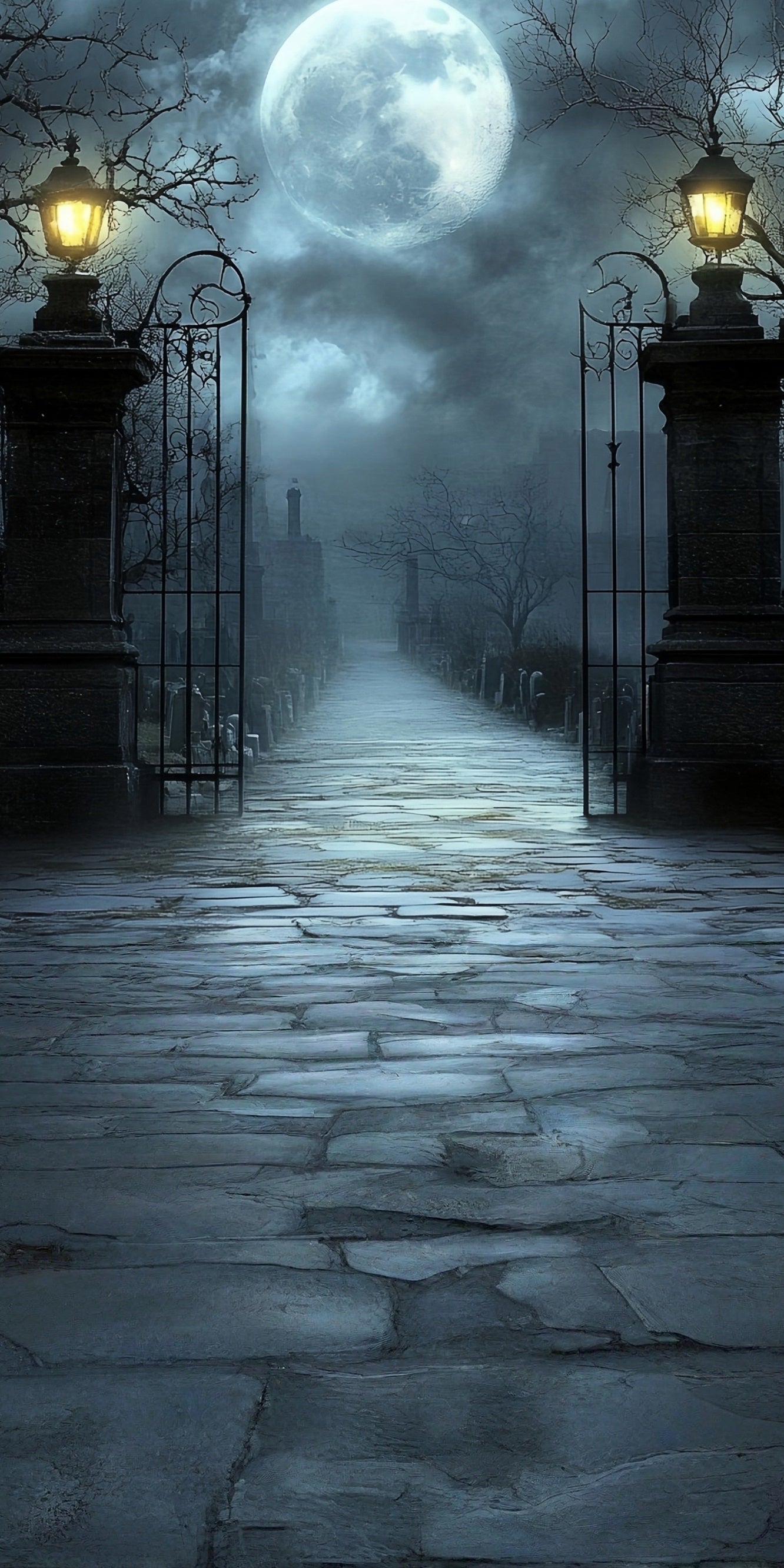 Halloween Foto Hintergrund mondbeschienene Nacht neblige Vintage-Straßenlaterne Friedhofstor Sweep Hintergrund MRR8-67