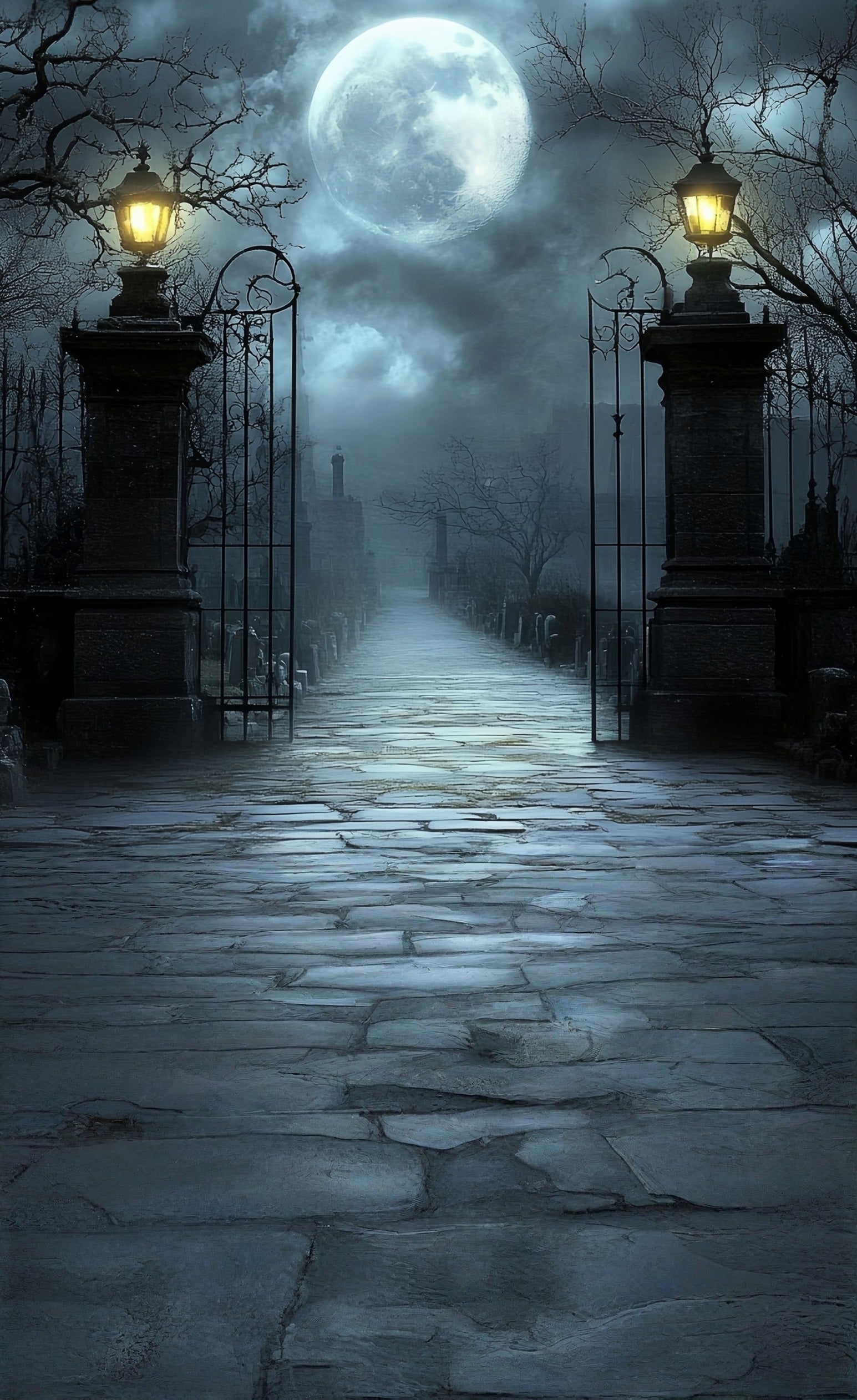 Halloween Foto Hintergrund mondbeschienene Nacht neblige Vintage-Straßenlaterne Friedhofstor Sweep Hintergrund MRR8-67