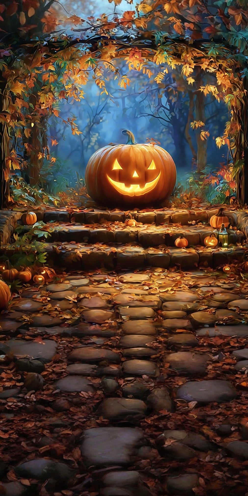 Halloween Wall Foto Hintergrund Wicked Smiley Pumpkin Lights Under Fall Leaves Sweep Backdrop MRR8-68