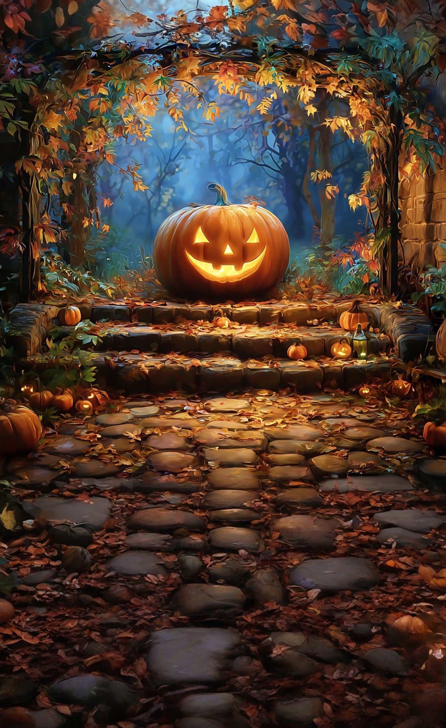 Halloween Wall Foto Hintergrund Wicked Smiley Pumpkin Lights Under Fall Leaves Sweep Backdrop MRR8-68