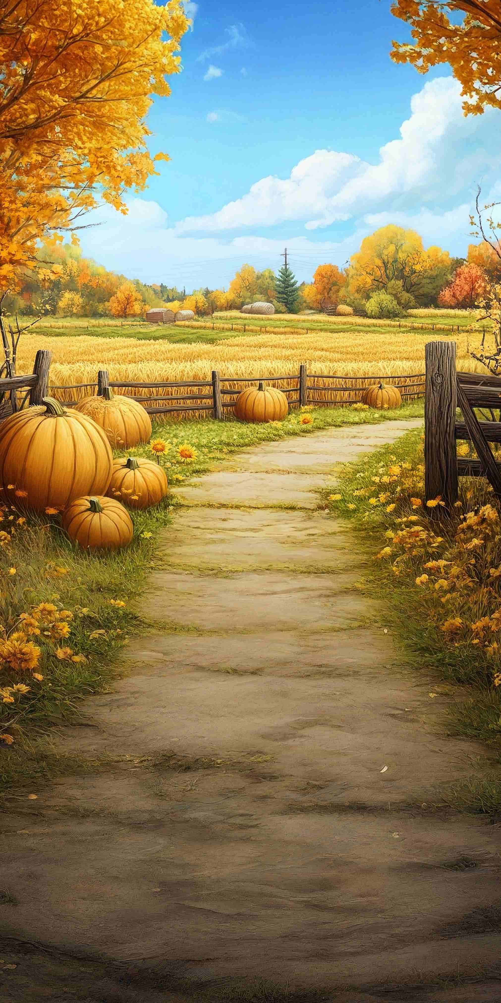 Herbst-Fotohintergrund Goldener Kürbis Weg Bauernhof Sweep-Fotohintergrund MRR8-71