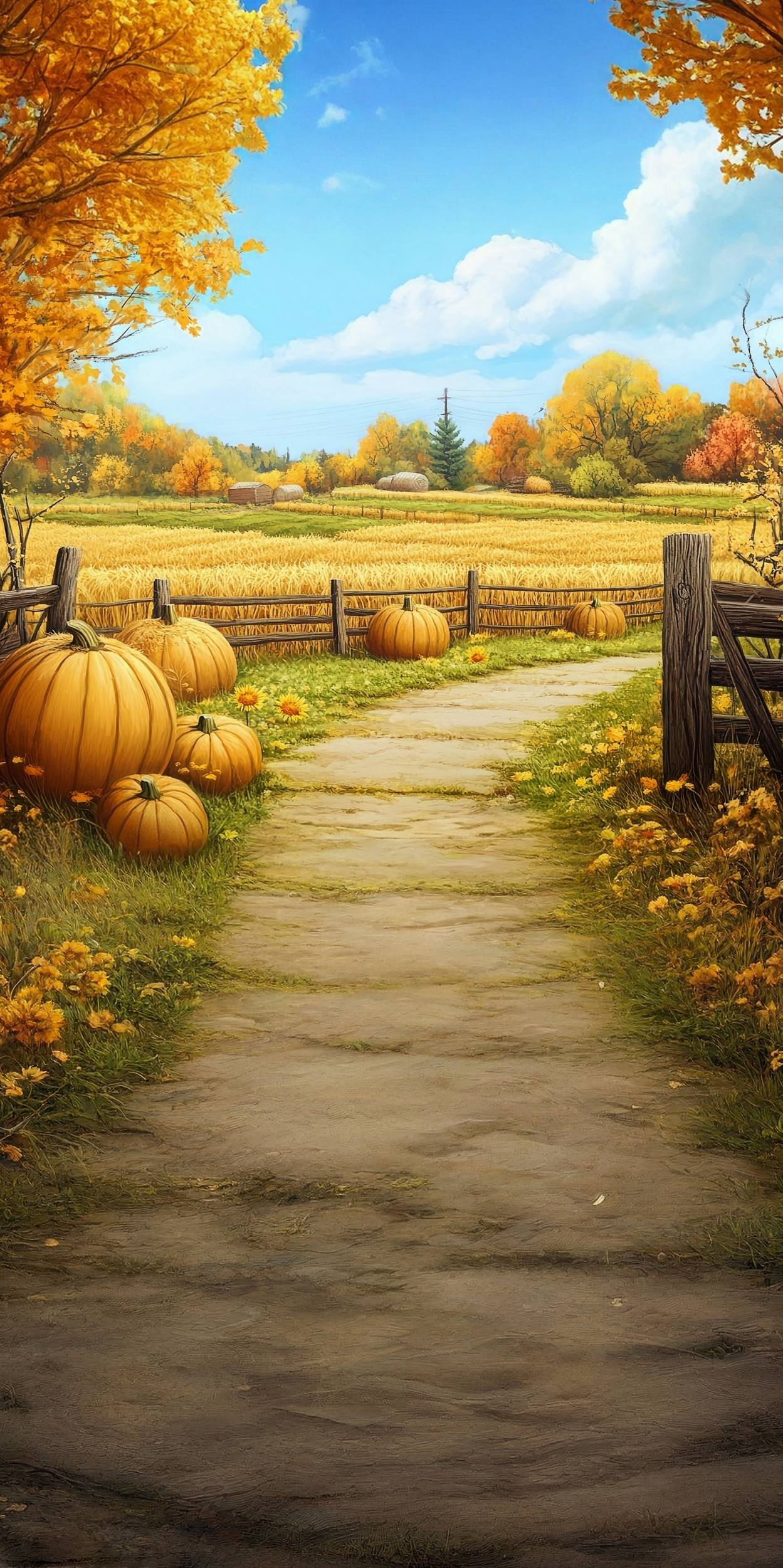 Herbst-Fotohintergrund Goldener Kürbis Weg Bauernhof Sweep-Fotohintergrund MRR8-71