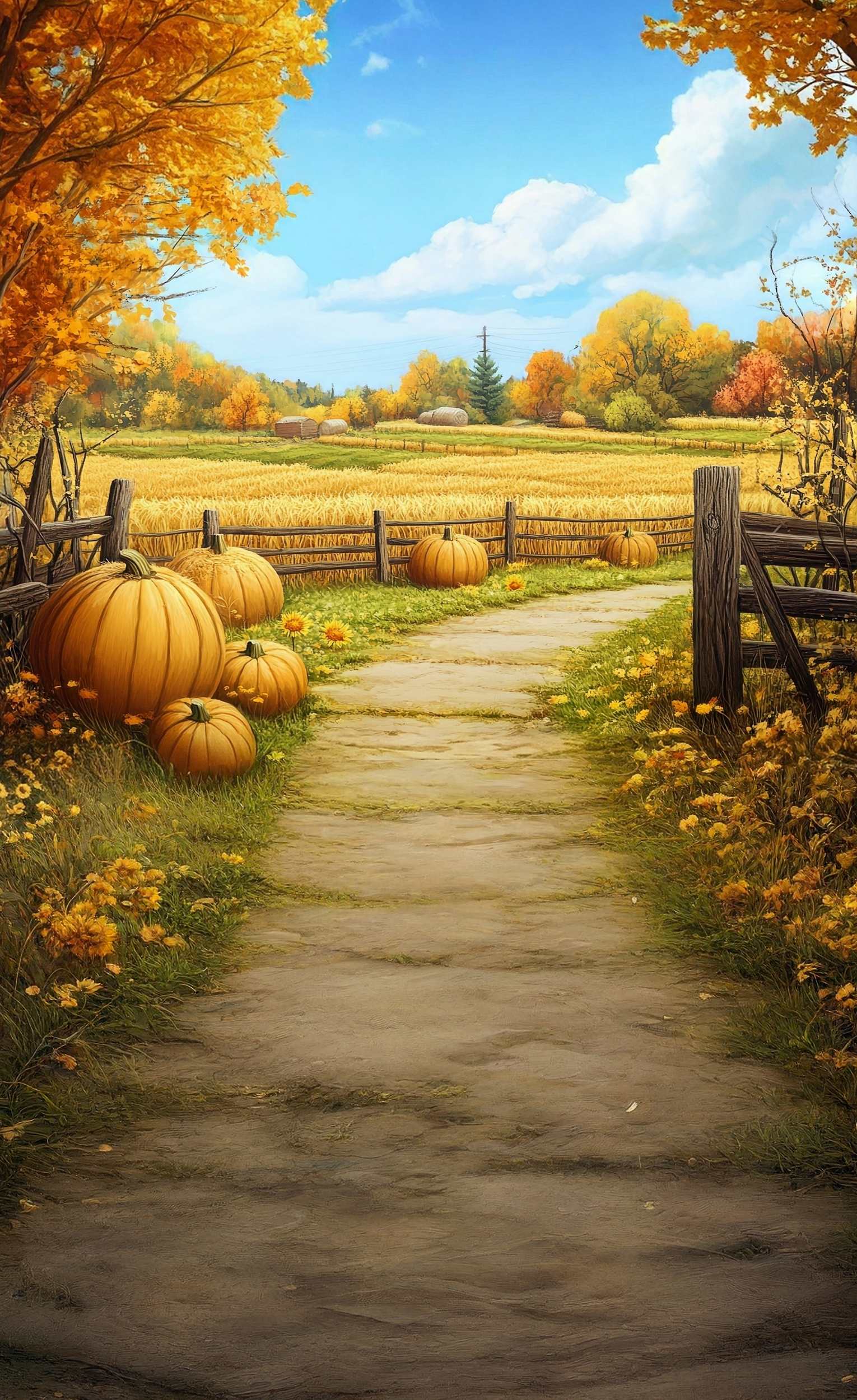 Herbst-Fotohintergrund Goldener Kürbis Weg Bauernhof Sweep-Fotohintergrund MRR8-71