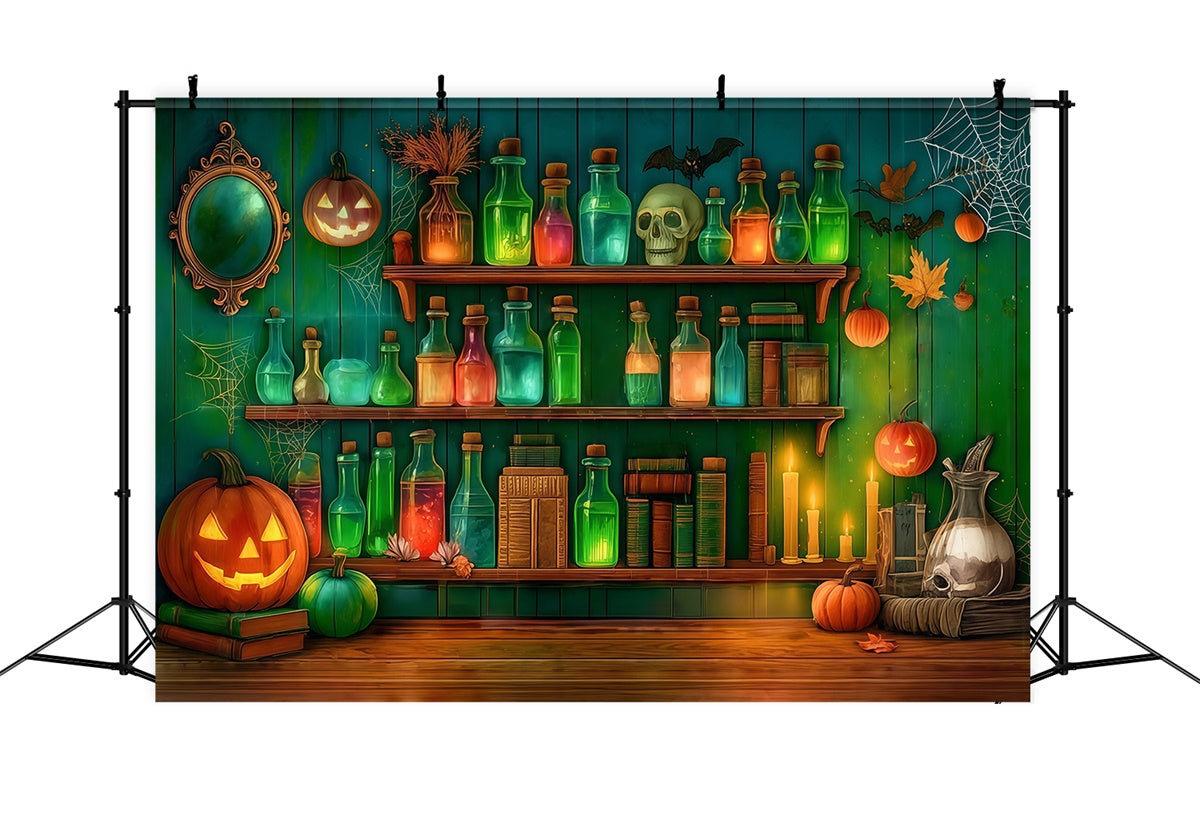 Halloween Wandhintergrund Chemische Reagenzien Schädel Gespenstisch Grün Foto Hintergrund MRR8-9