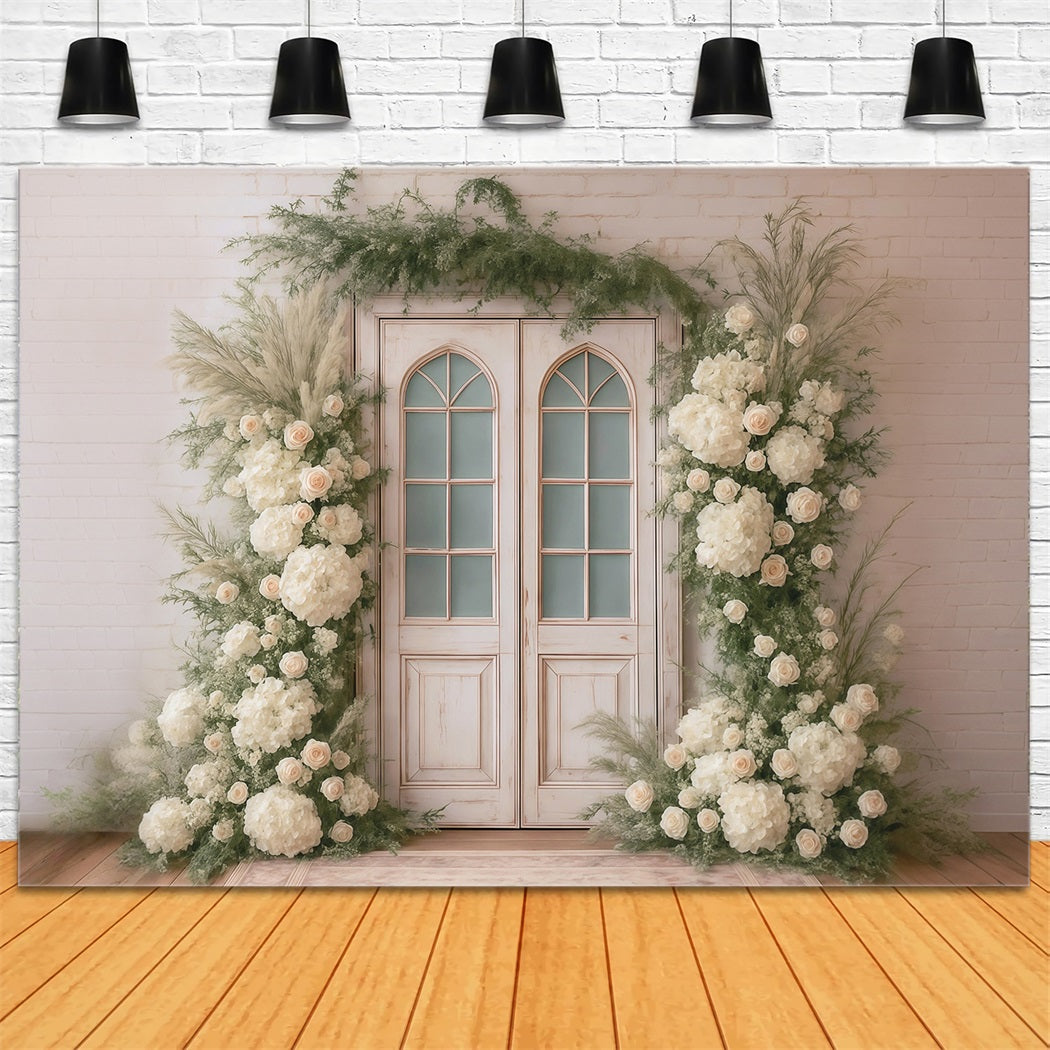 Frühlingsblumen-Fotohintergrund Weiße Rosen Vintage-Tür Blumen Frühlingshintergrund MRR9-1