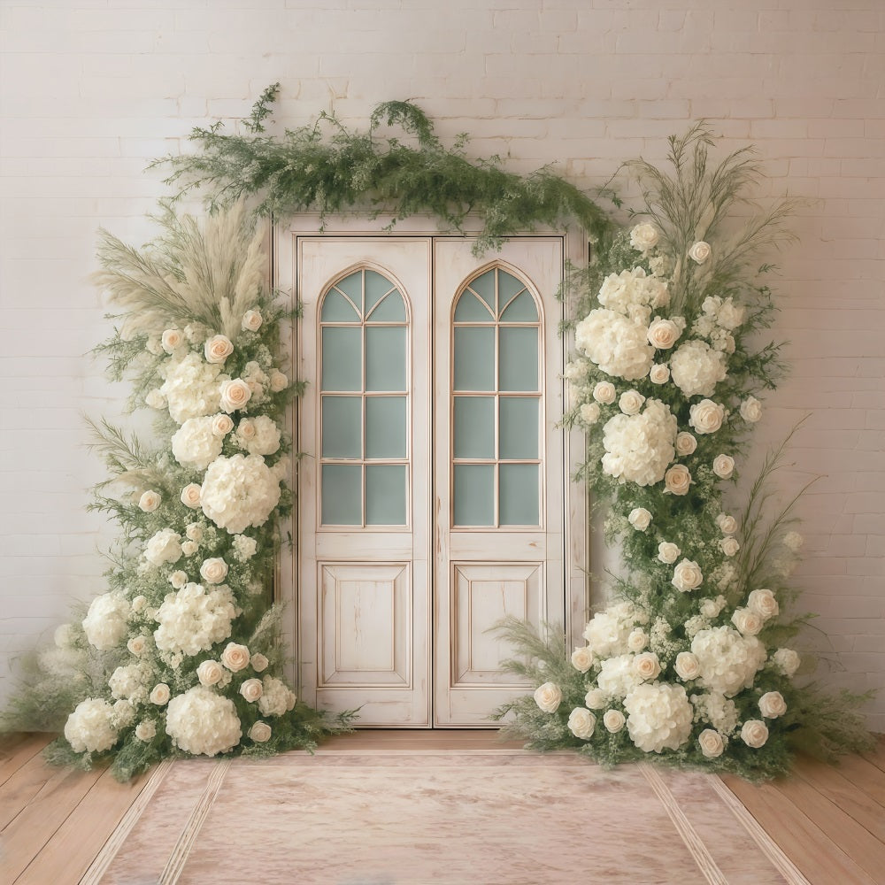 Frühlingsblumen-Fotohintergrund Weiße Rosen Vintage-Tür Blumen Frühlingshintergrund MRR9-1