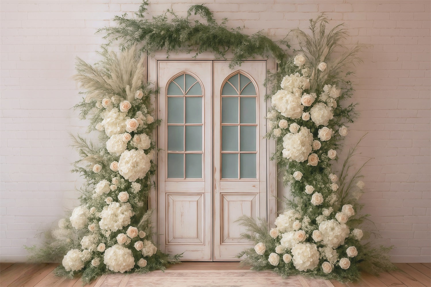Frühlingsblumen-Fotohintergrund Weiße Rosen Vintage-Tür Blumen Frühlingshintergrund MRR9-1
