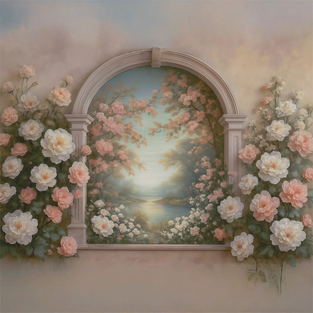 Vintage-Wandhintergrund Pastellfarbener Blumenbogen See Antiker Fotohintergrund MRR9-107