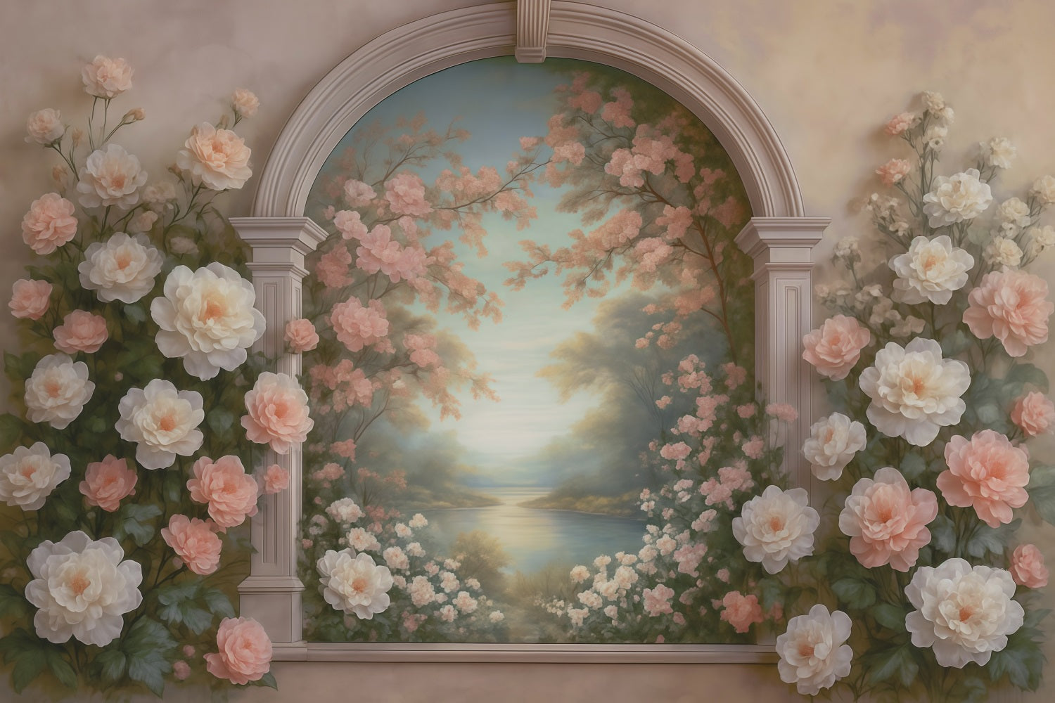 Vintage-Wandhintergrund Pastellfarbener Blumenbogen See Antiker Fotohintergrund MRR9-107