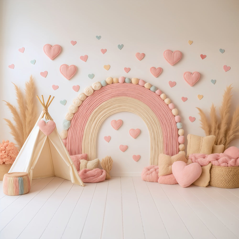 Boho-Regenbogen-Fotohintergrund Rosa Regenbogen-Herz-Dekoration Fotohintergründe für Kinder MRR9-11