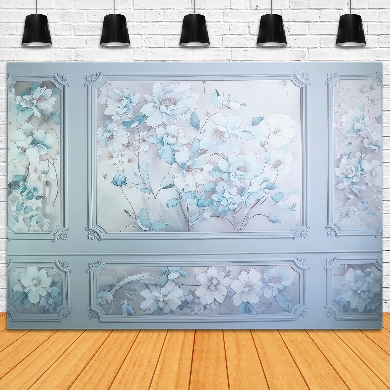 Blumenwand-Fotohintergrund Blau-weiße Blumenwandpaneele Vintage-Fotohintergrund MRR9-110