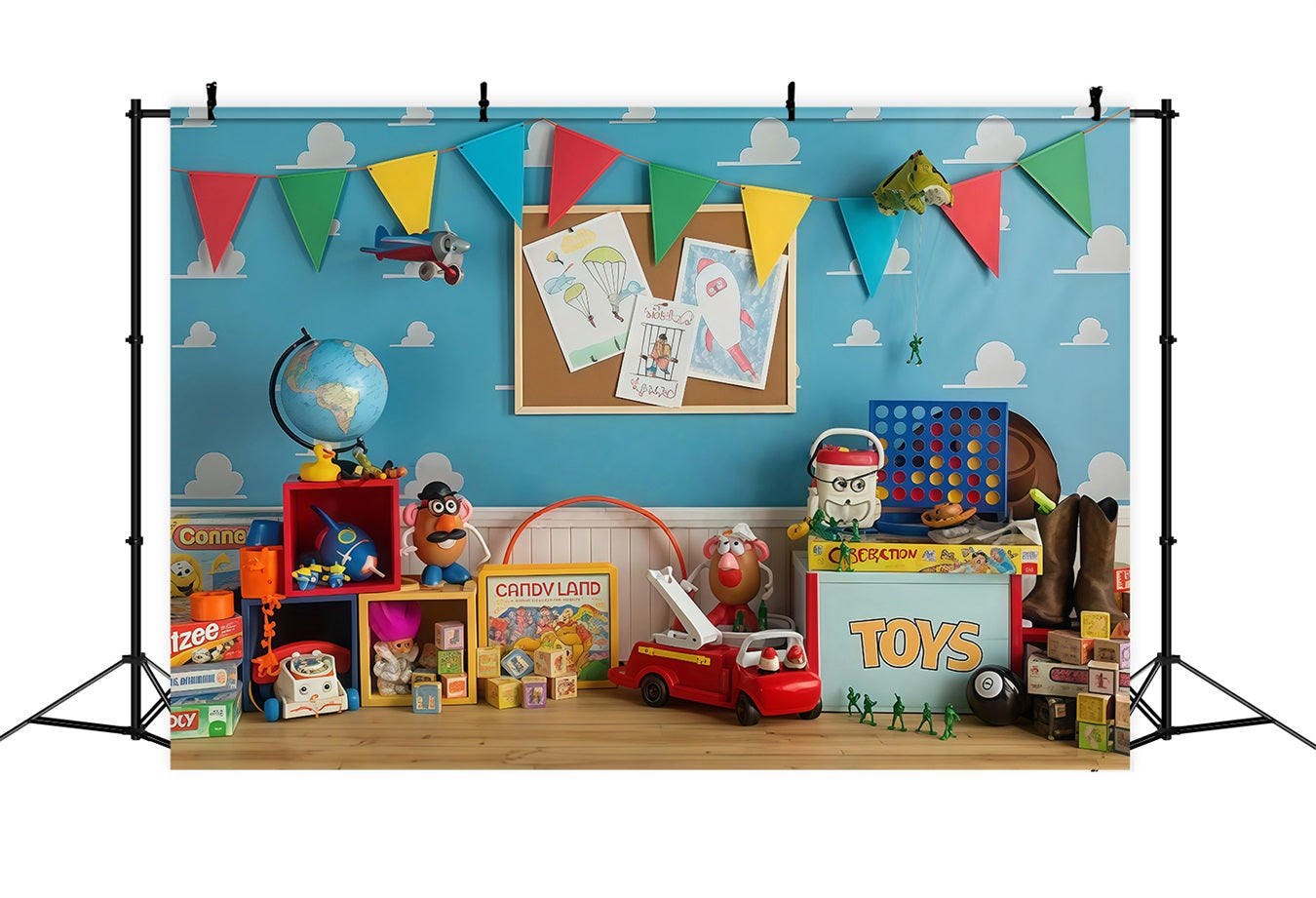 Zurück zur Schule-Fotohintergrund Buntes Spielzimmer im Toy Story-Stil Schulhintergrund MRR9-114