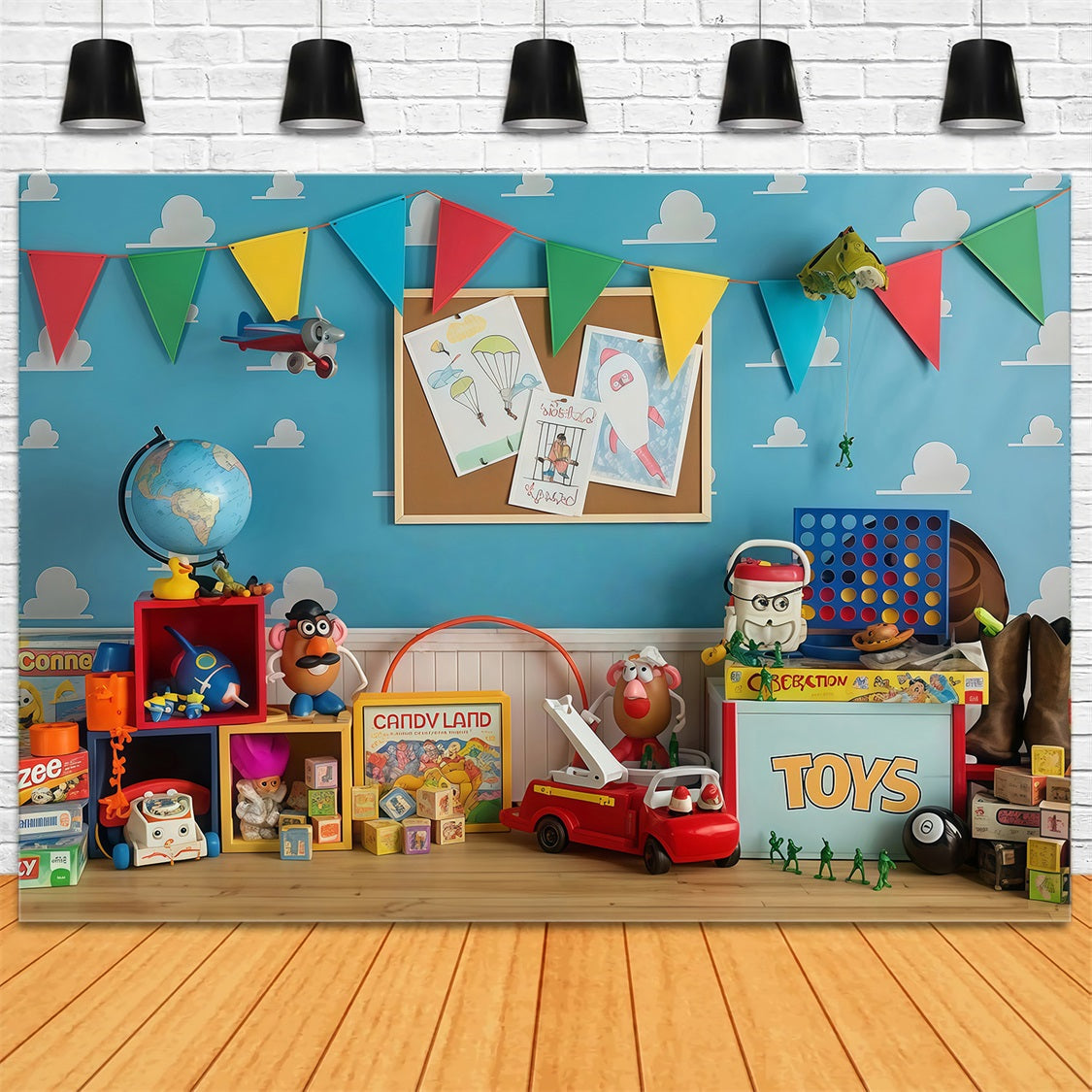 Zurück zur Schule-Fotohintergrund Buntes Spielzimmer im Toy Story-Stil Schulhintergrund MRR9-114